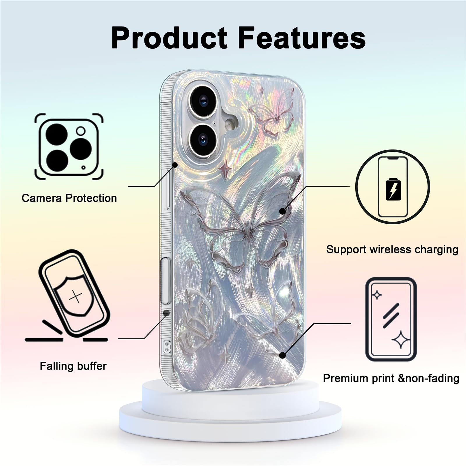 I Mgae In Ar Compact Case For Iphone 16 Shiny Silver Butterfly Design,Cute Trendy Soft Slim Tpu Shockproof Protective Phone Case