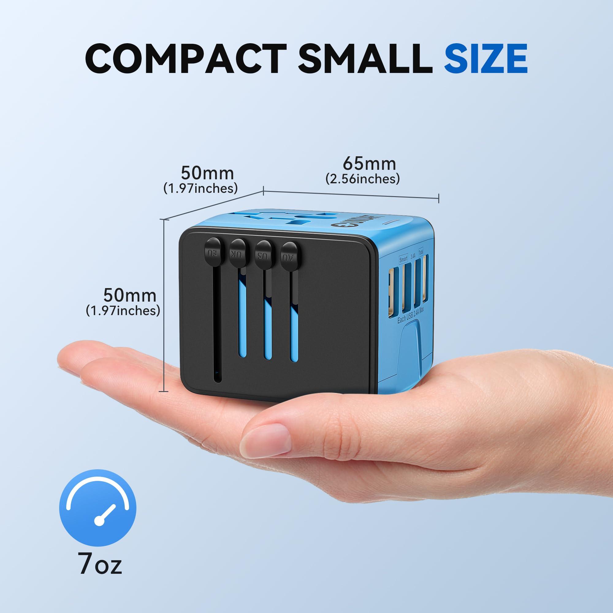 Unidapt Universal Travel Adapter, International Plug Adapter Fast 2,4A 4 Usb European Power Plug, Ac Wall Charger � Worldwide Outlet For Europe Us Usa Uk Eu Aus, Blue