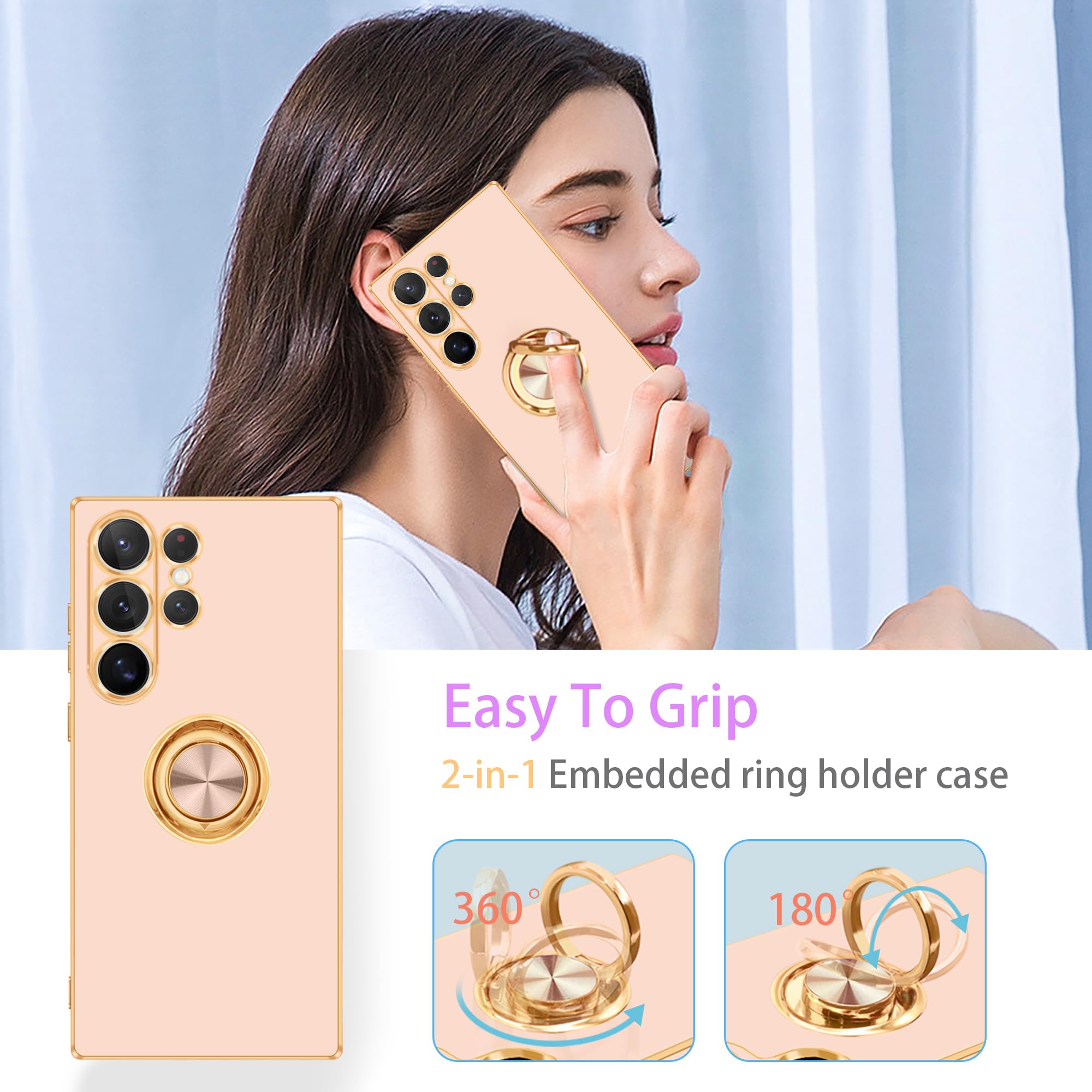 Fingic For Samsung S24 Ultra Case[With 360Ring Holder][Support Magnetic Car Mount]Cute Kickstand Slim For Women Girl Nonslip Rug