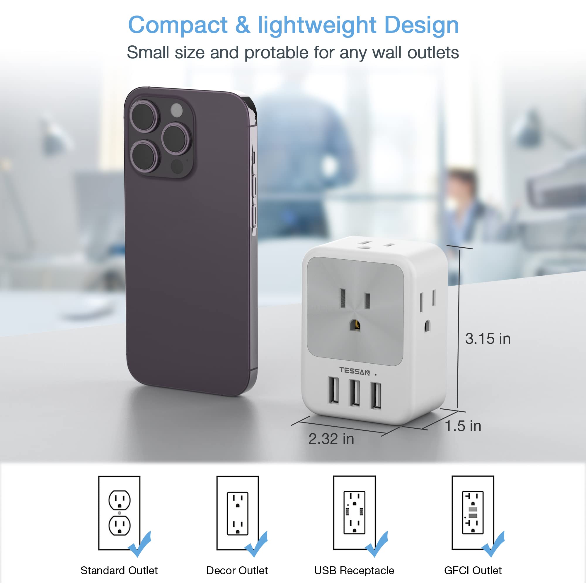Multi Plug Outlet Splitter With Usb, Tessan 4 Electrical Outlet Extender Surge Protector With 3 Usb Wall Charger Blocks, Multipl