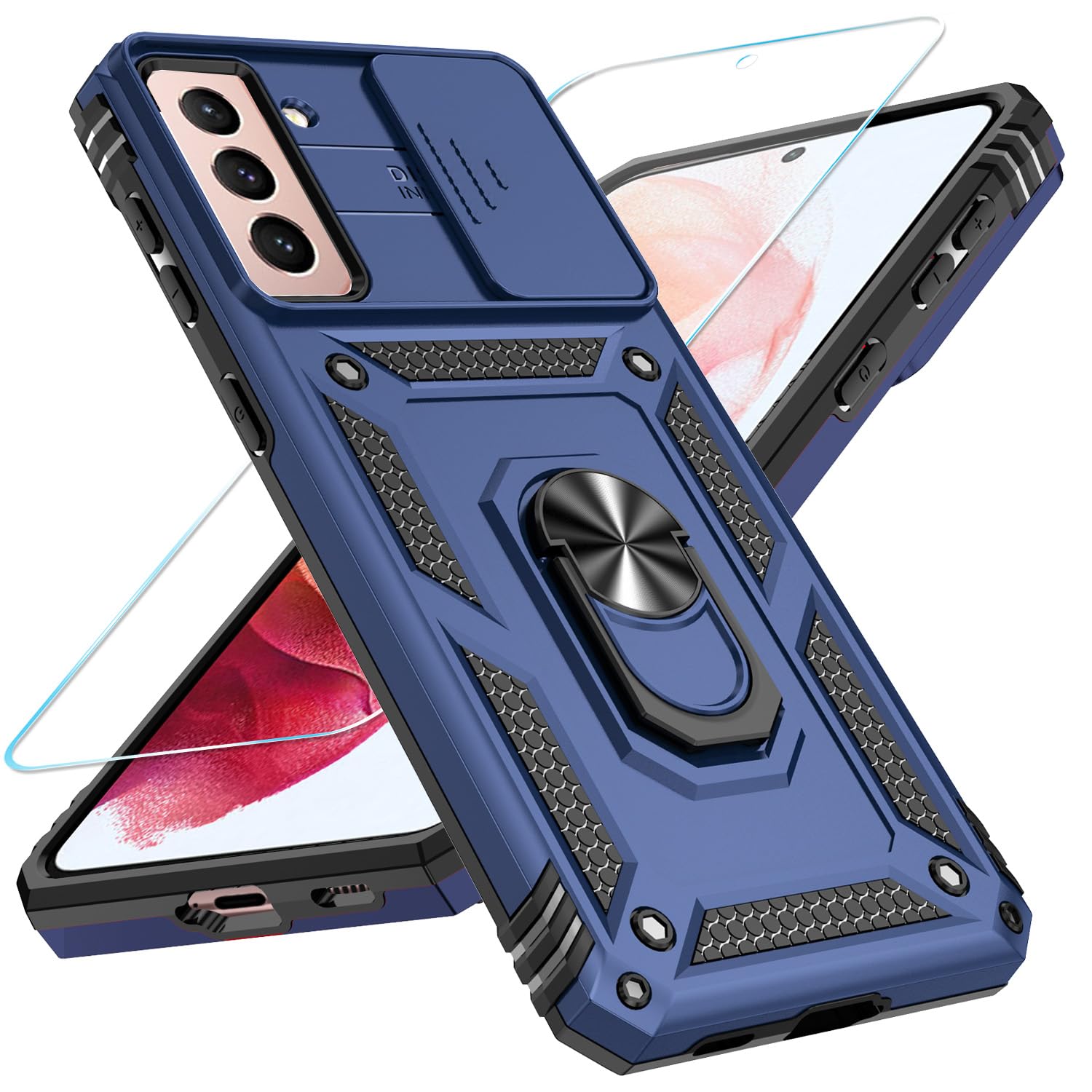 Sunstory For Samsung Galaxy S21 5G Case With Hd Screen Protector & Slide Camera Cover & Rotated Ring Kickstand, [Military Grade]