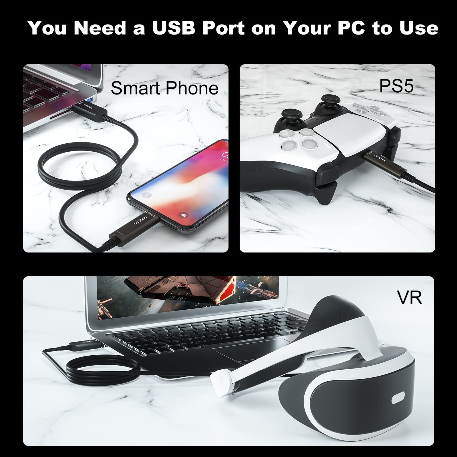 Huaham Usb A To Usb C Fiber Optic Cable 33Ft, Usb 3.1 Type C Cable 10Gbps Gen2 Long Distance Transmission Usb C Cable Compatible With Logitech Camera, Microsoft Azure, Vr/Ar, Touch Screen, Laptop