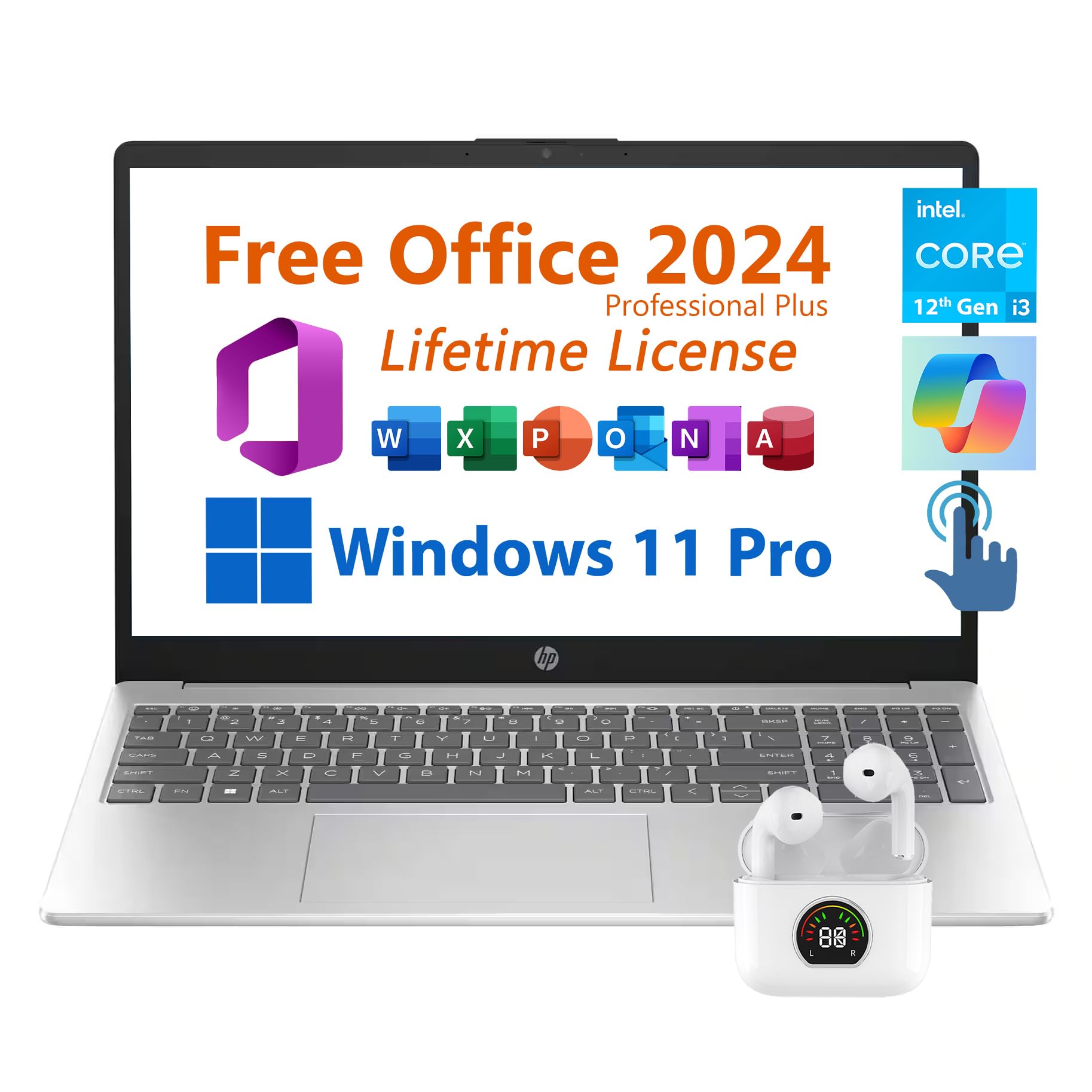 HP 15.6 Business Laptop, Free Microsoft Office 2024 Lifetime License, Copilot AI Chat, HD Touchscreen Display, Intel 6-Core i3-1