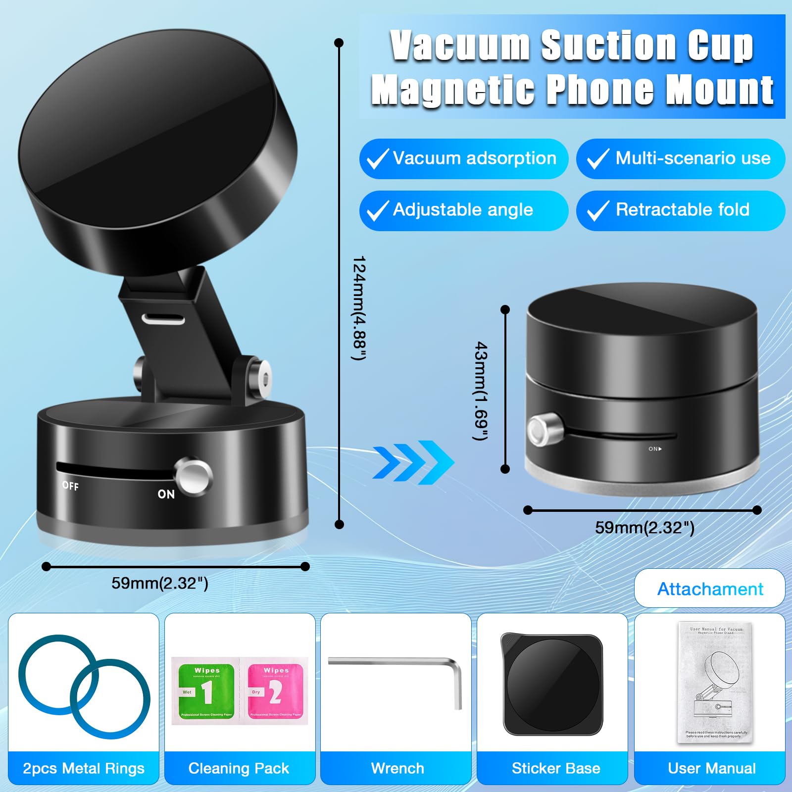 360 Vacuum Suction Cup Magnetic Phone Mount,Adjustable Magnetic Suction Phone Holder Bracket Foldable And Rotatable Cellphone Ho