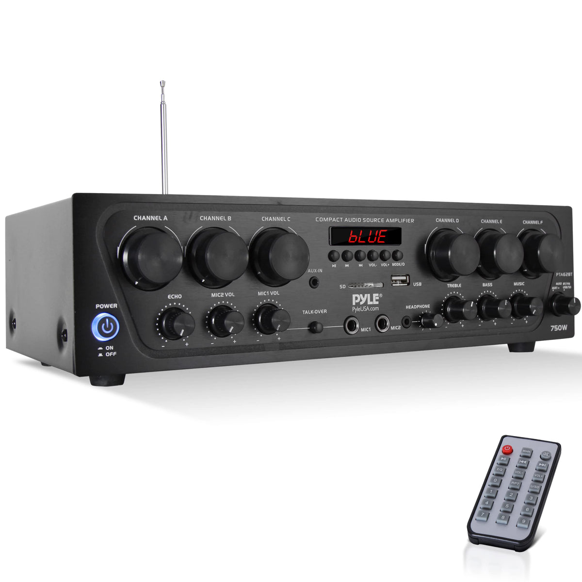 Pyle Wireless Bluetooth Karaoke 6 Channel 750 Watt Home Audio Sound Power Stereo Receiver Amplifier W/Usb, Headphone, 2 Micropho