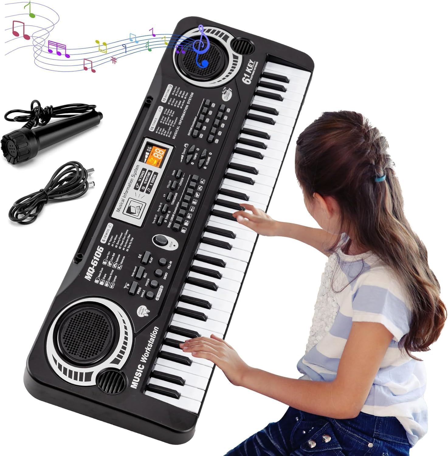 61 Key Piano Keyboard for Kids, Electronic Music Toy for Beginners, 16 Tones, 10 Rhythms, 6 Demos, Built-in Recording, Perfect C