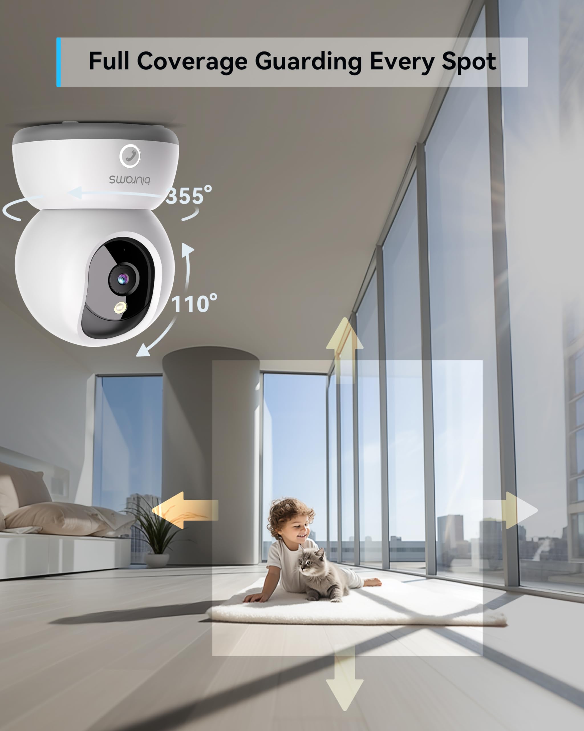Blurams Indoor Security Camera, 2K Pet Camera With 64Gb Memory Card, Dog Camera With Phone App, Color Night Vision, One Touch Ca