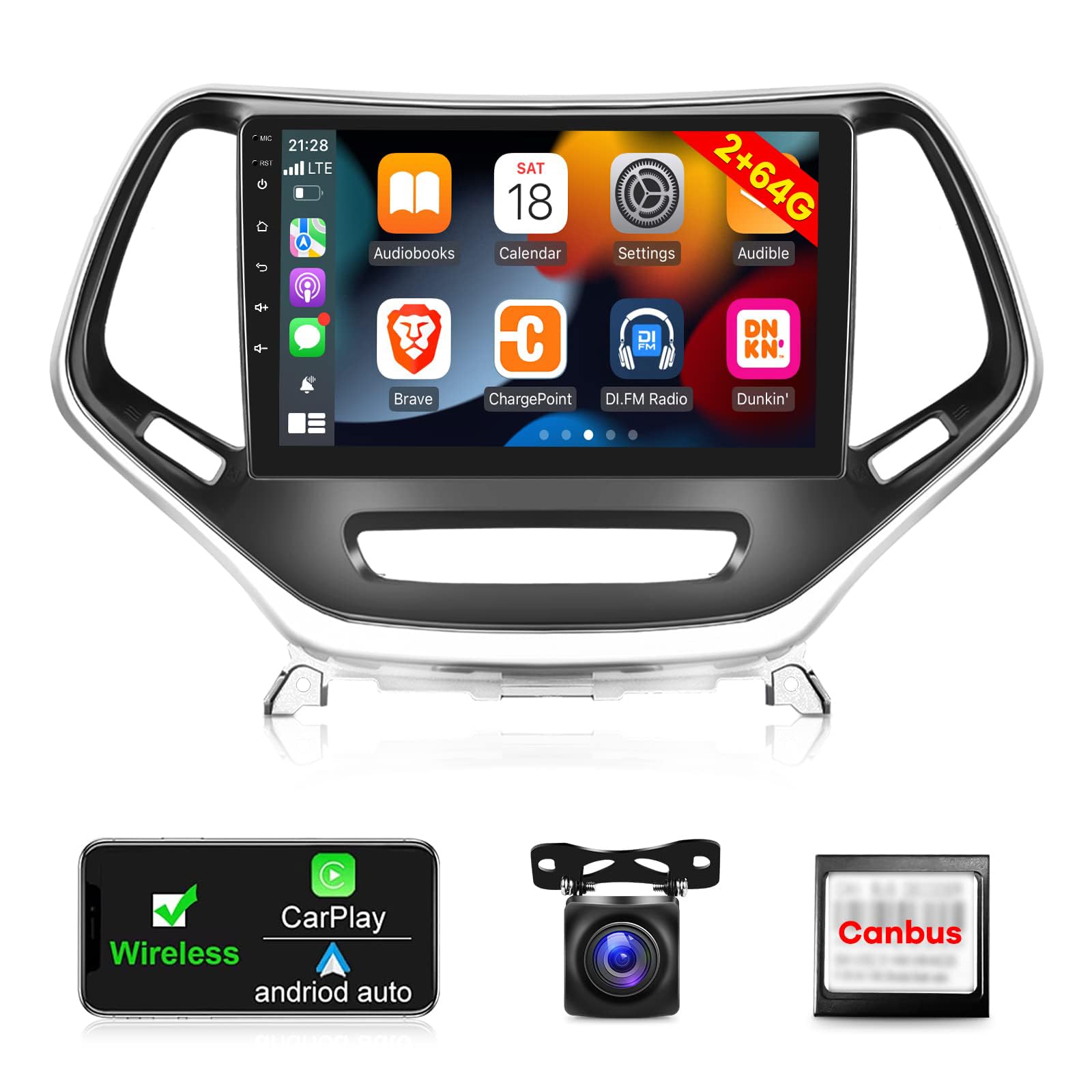 [2G+64G] Android 13 Car Radio For Jeep Cherokee 2013 2018, 10.1 Inch Touch Screen Car Stereo, Carplay/Android Auto/Hi Fi Audio/1