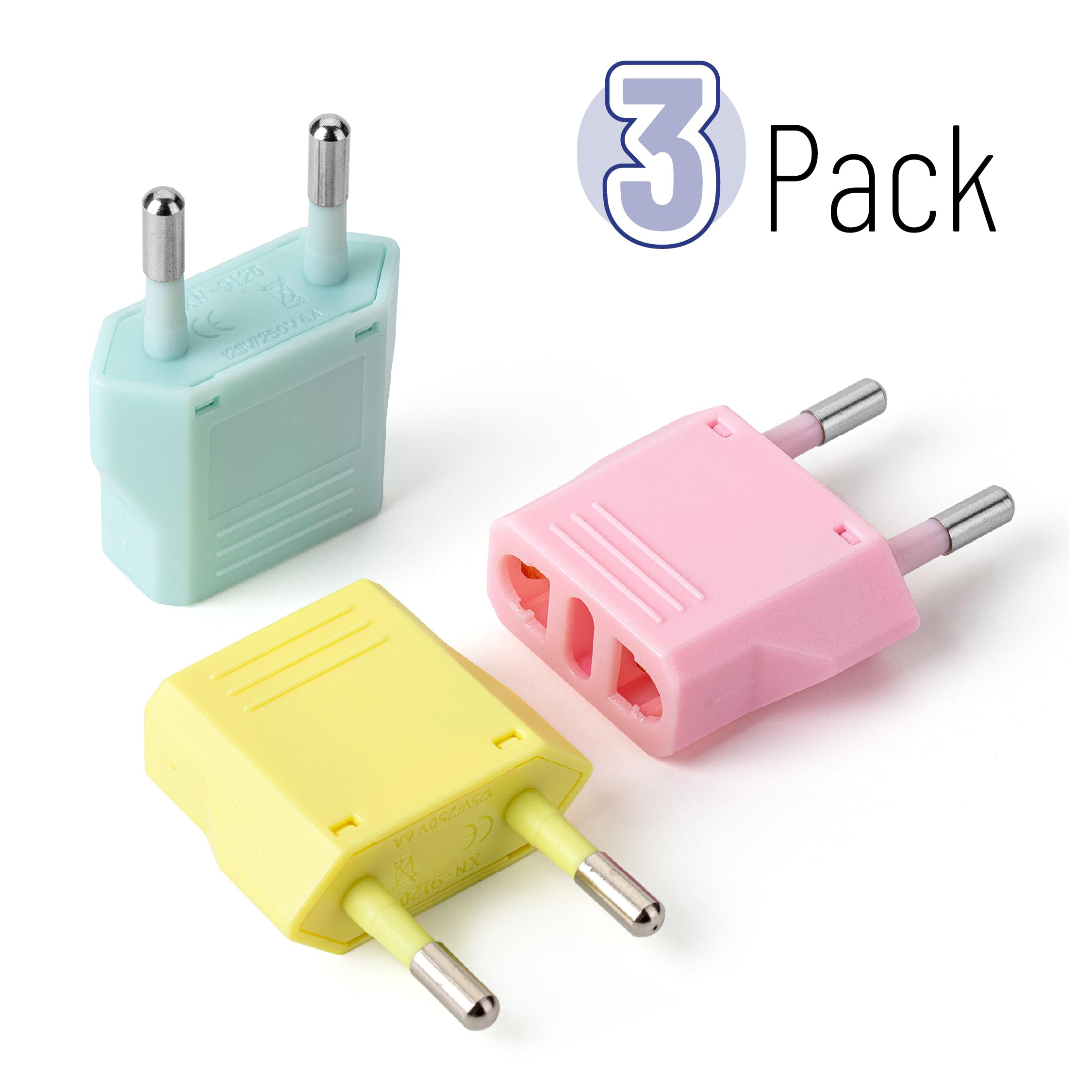 Bates  European Travel Plug Adapter, 3 Pack, Colorful, European Plug Adapter, Us To Europe Plug Adapter, Adapter For Europe Plug