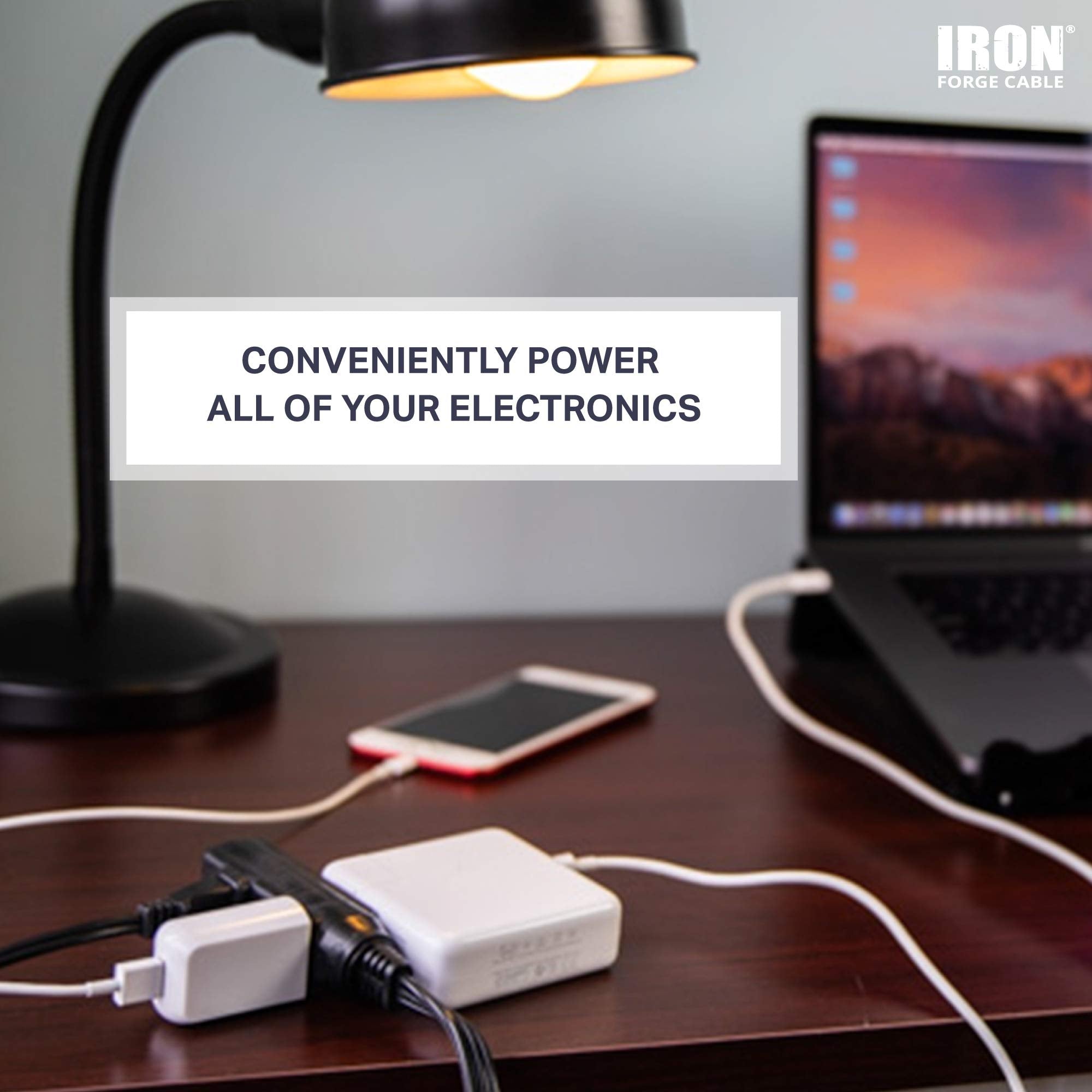 Iron Forge Cable 10 Ft Flat Plug Black Extension Cord With 3 Outlets, 16/3 Flat Cable 3 Prong Indoor Extension Cord With Multipl