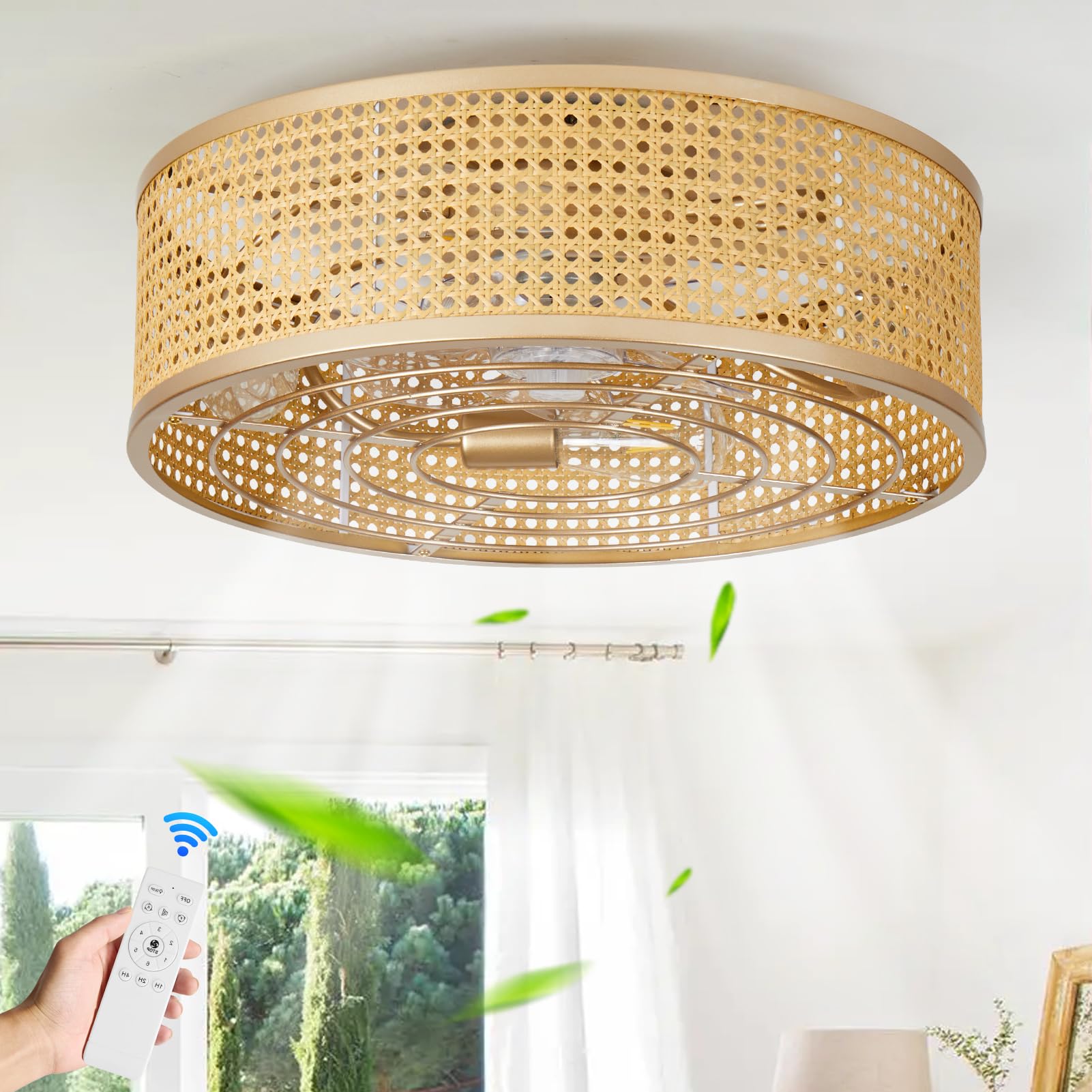 Ainqiant Boho Caged Ceiling Fan With Light, 20'' Rattan Flush Mount Ceiling Fan With Light And Remote Control For Bedroom Kitche