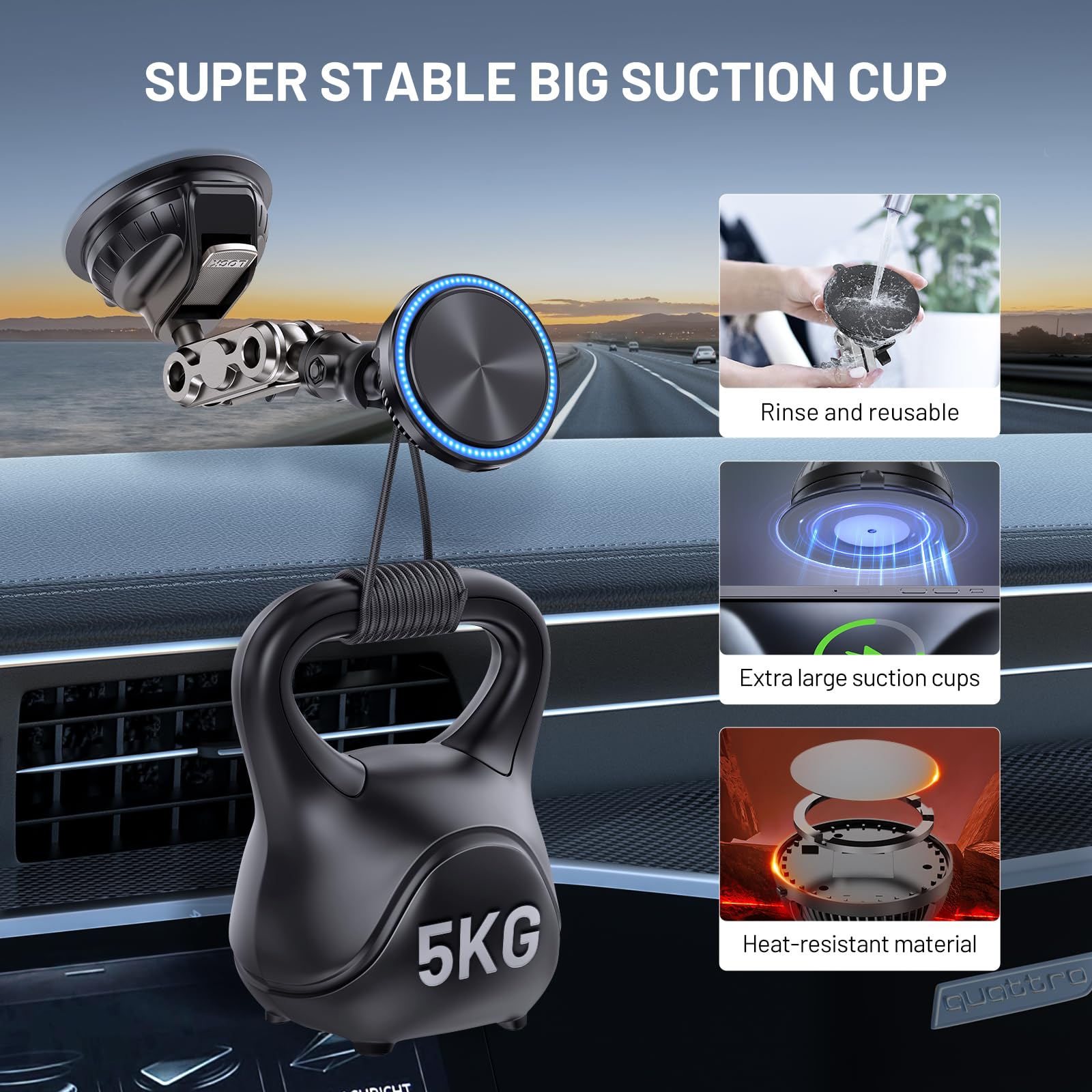 This Hill 15W Magnetic Wireless Car Charger Mount, Compatible With Magsafe, Phone Holder With 360 Suction Cup & Aluminum Alloy T