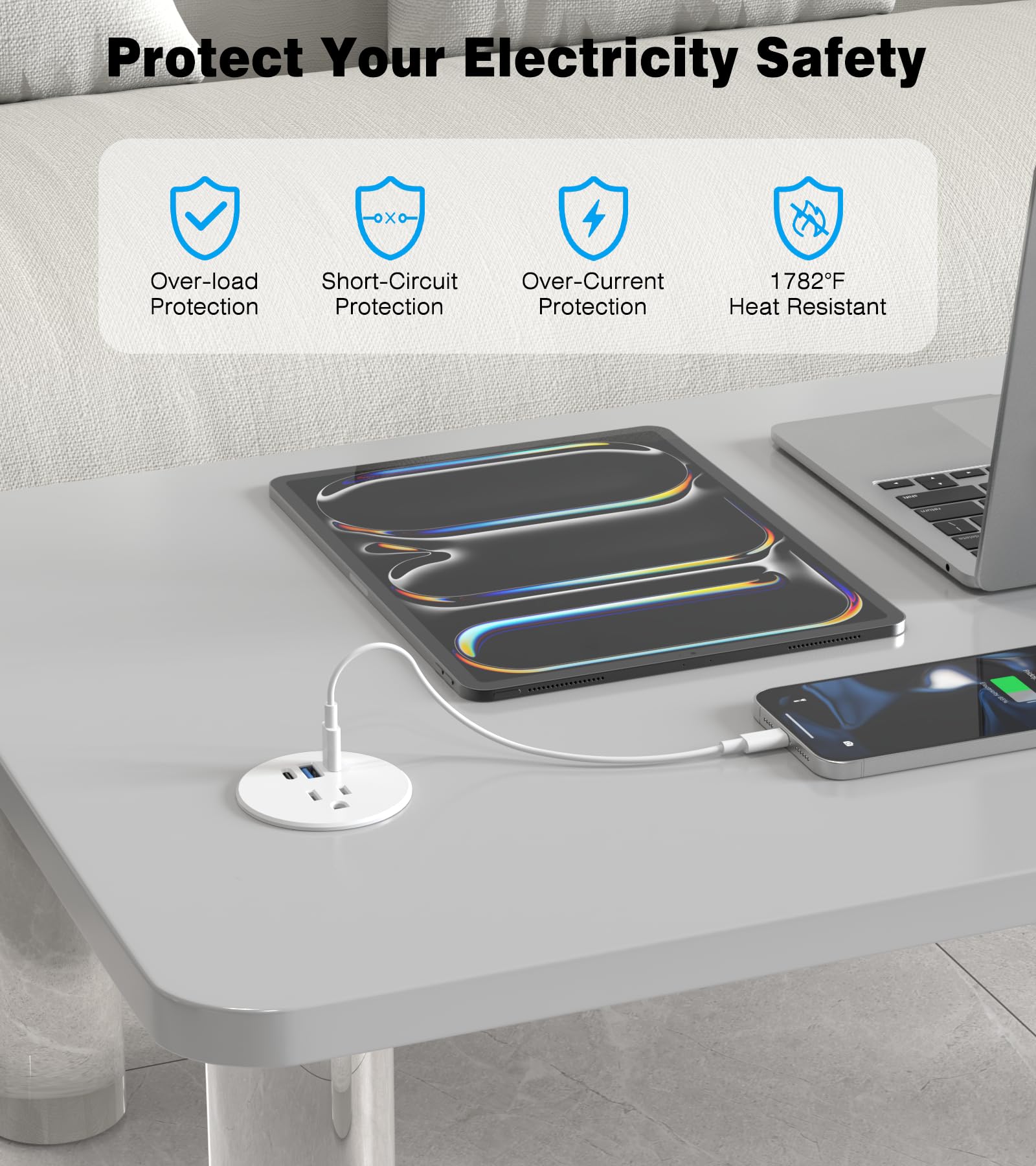 Desk Grommet Power Outlet, 2.5 Inch Desktop Recessed Outlet With 20W Fast Charging Usb-C Port, Flush Mount Outlet For Conference