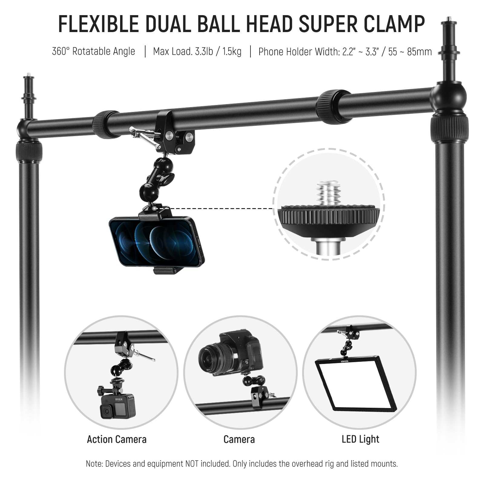 Neewer Overhead Camera Mount Rig With 2 Ball Heads, Super Clamp/Mobile Phone Holder/Camera Desk Mount, Multi Device Mount, Platf