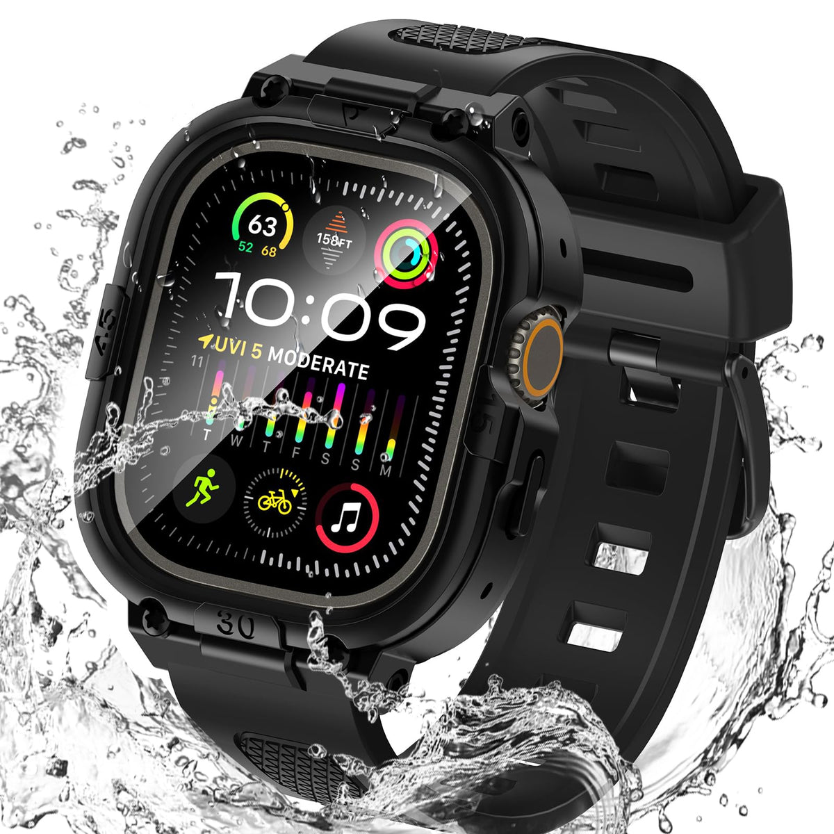 Goton 3 In 1 Waterproof Case And Band With Tempered Glass Screen Protector For Apple Watch Series Ultra Ultra2 49Mm, Hard Pc Bum