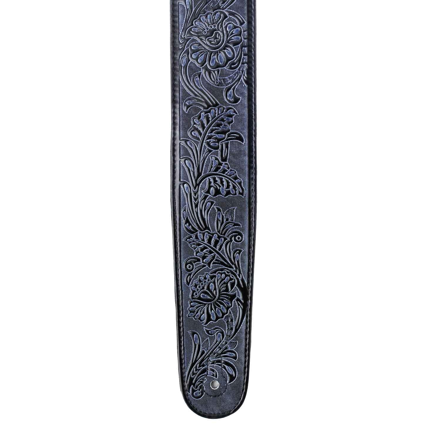 Walker & Williams Dlx 282 Handmade Brushed Black Padded Guitar Strap With Embossed Tooling For Acoustic, Electric, And Bass Guit