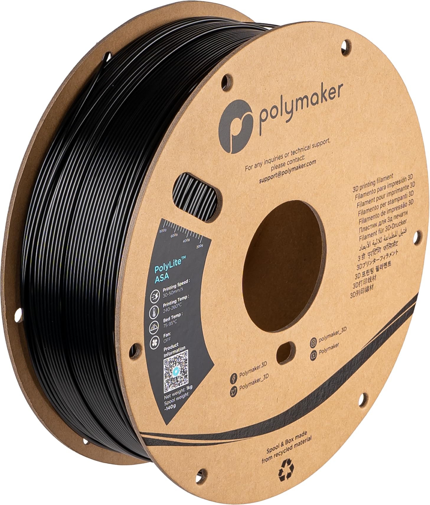 Polymaker Asa Filament 1.75Mm Jet Black Asa, 1Kg Heat Resistant Weather Resistant Asa 1.75 Cardboard Spool   Polylite Asa 3D Pri