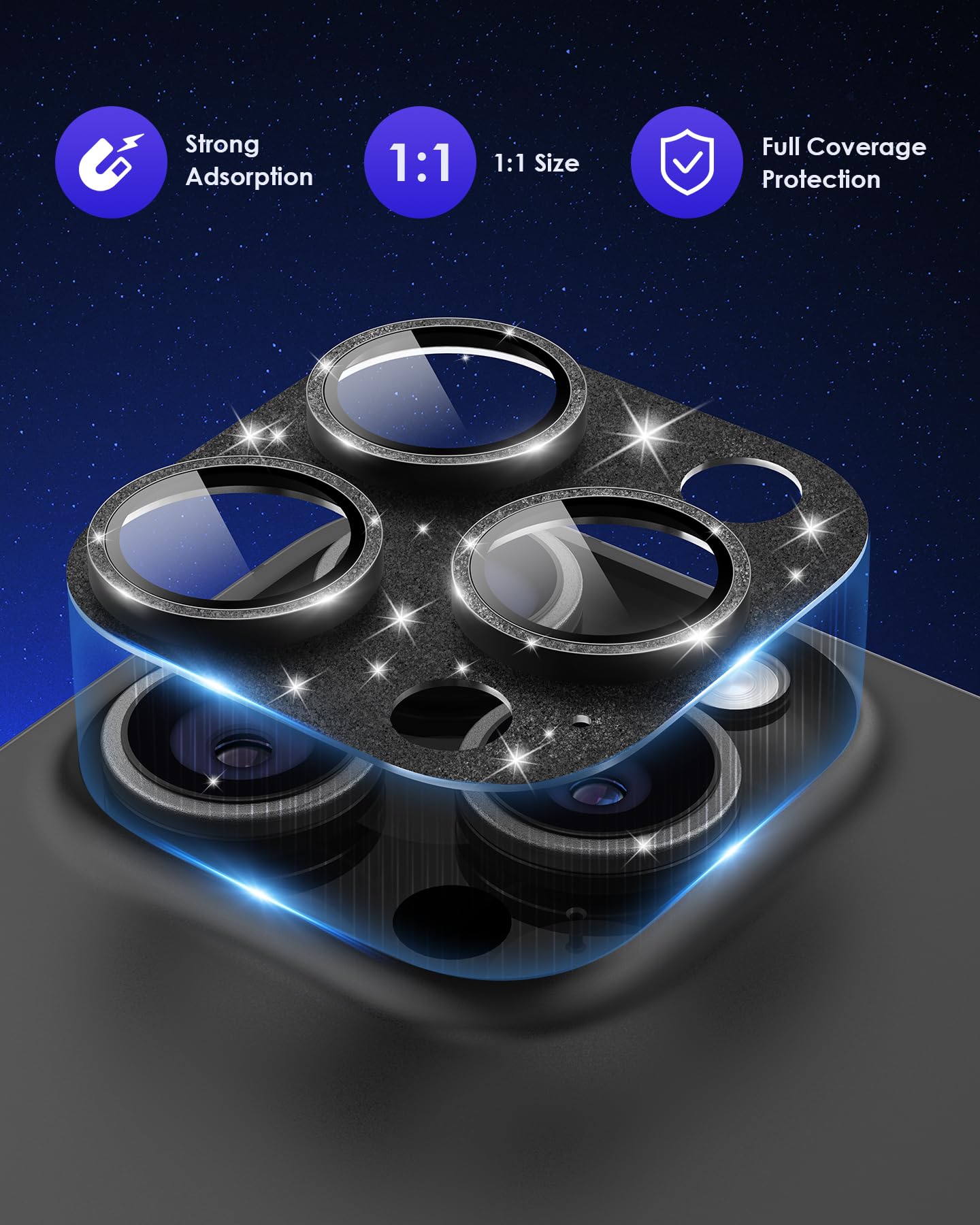 Kanosan For Iphone 15 Pro/Iphone 15 Pro Max Camera Lens Protector Glitter Plus 9H Tempered Glass Screen Case Friendly Camera Cov