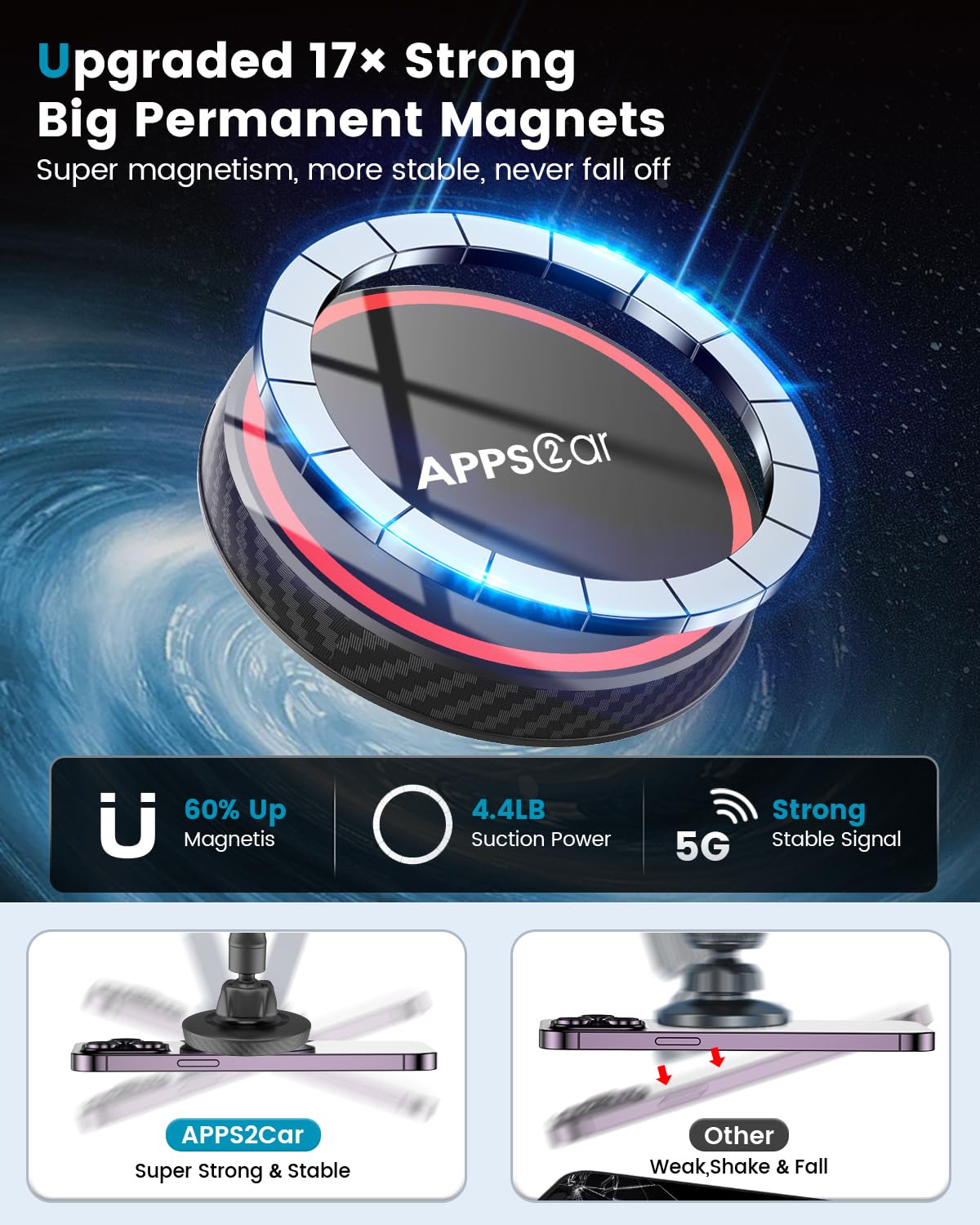 Apps2Car For Magsafe Car Mount Magnetic Phone Holder Upgraded 13 Inch Long Arm Suction Cup Windshield Mount Fits Iphone 16 Pro Max Plus 15 14 13 12 Mini