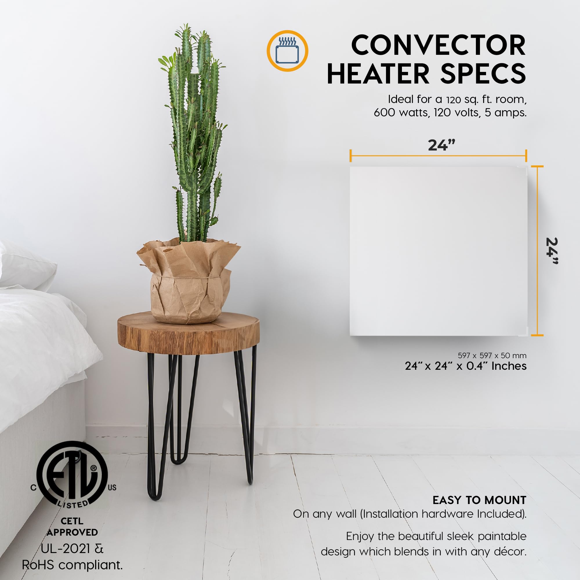 Econohome Wall Mount Space Heater Panel   With Thermostat And Heat Guard Cover   400W Convection Heater   For 120 Sq Ft Room   1