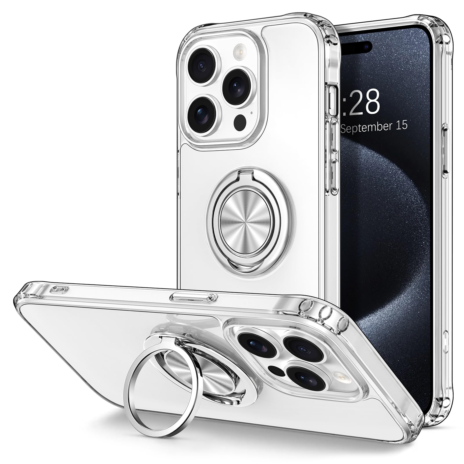Hython Clear For Iphone 15 Pro Case With Ring Stand [360 Rotatable Ring Holder Magnetic Kickstand] [Support Car Mount] Transpare
