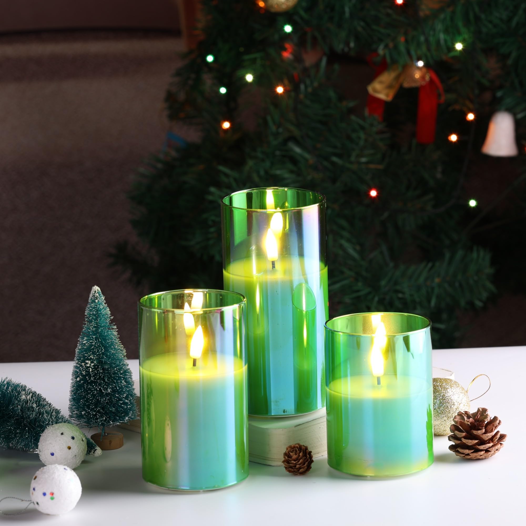 Eywamage Green Glass Flameless Pillar Candles With Remote, Flickering Battery Christmas Led Wax Candles Set Of 3