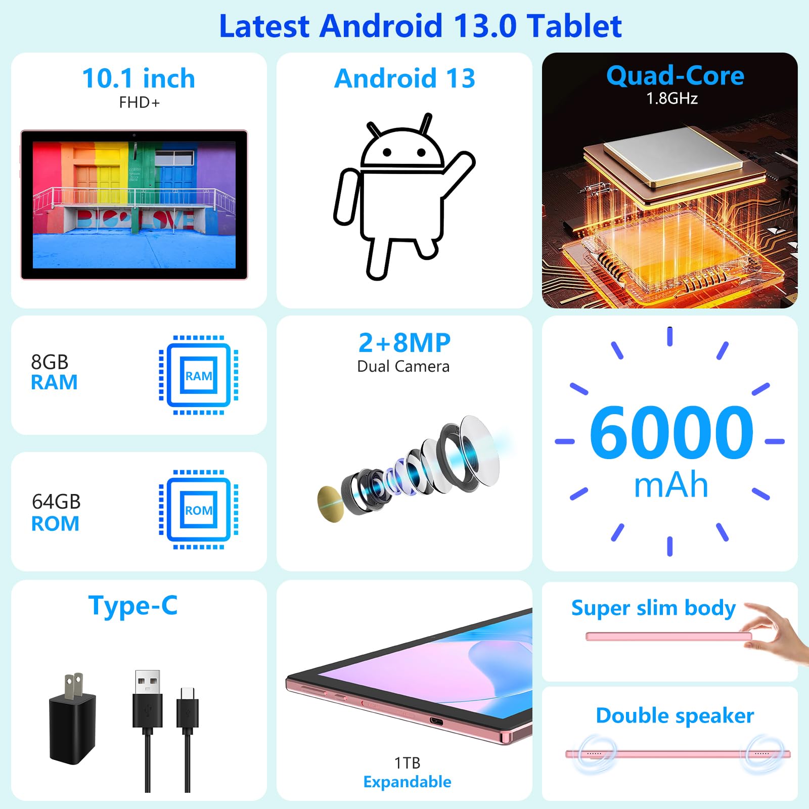 10 Inch Android 13 Tablet, 8Gb Ram+64Gb Rom+512Gb Expandable Computer Tablets Pc, Ips Screen, 2+8Mp Dual Camera, Wifi, Bt, Googl