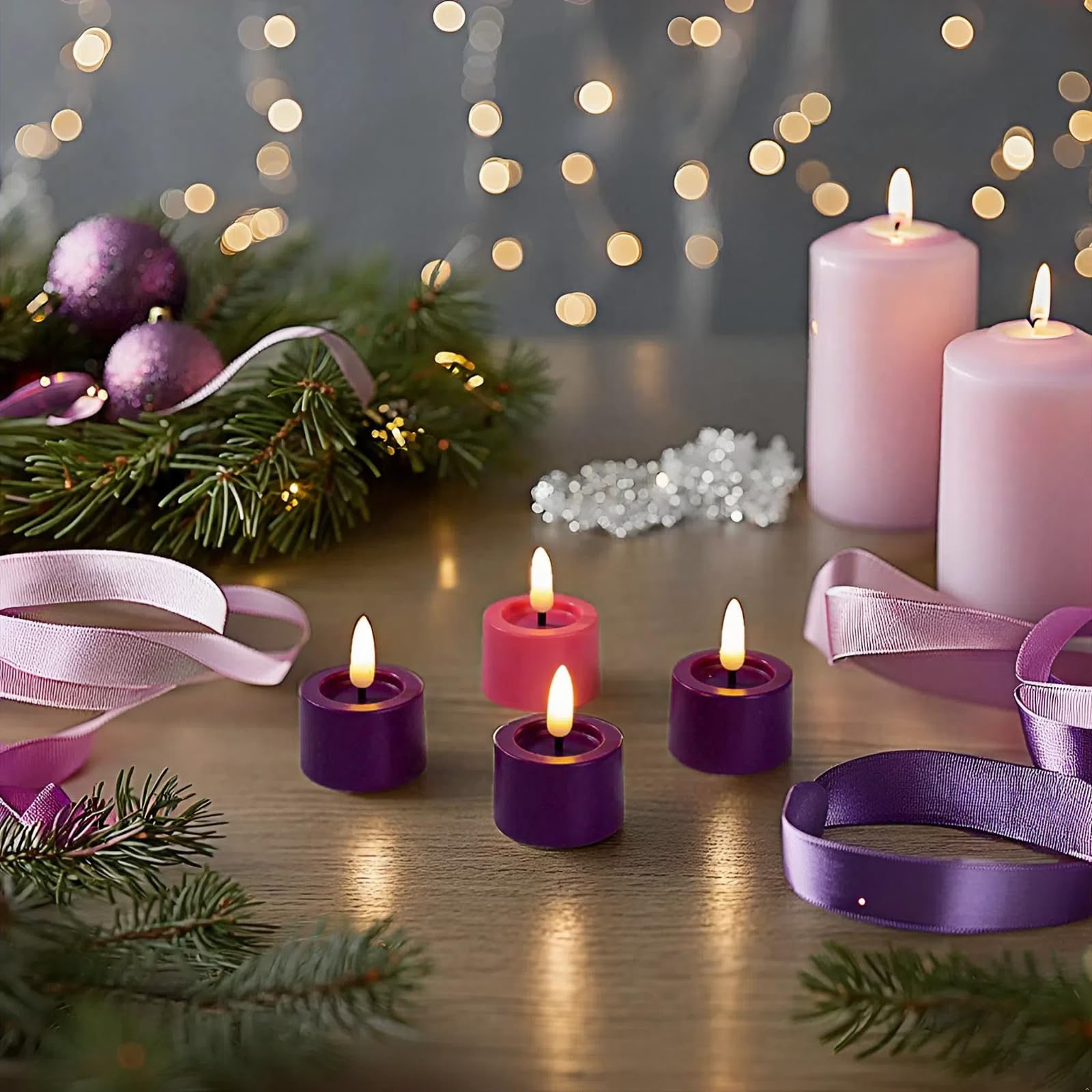 Simplelight Pack Of 12 Battery Tea Lights With Timer, Purple & Pink Tea Lights Candles Battery Operated, Advent Wreath With Flam
