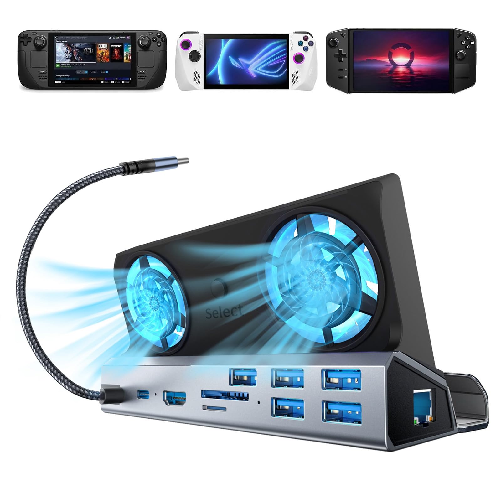 Shuomeng Steam Deck/Rog Ally/Switch/Legion Go Dock, 4K60Hz Steam Deck OLED Docking Station Dual Fan,10-in-1 Stream Deck Dock, HD