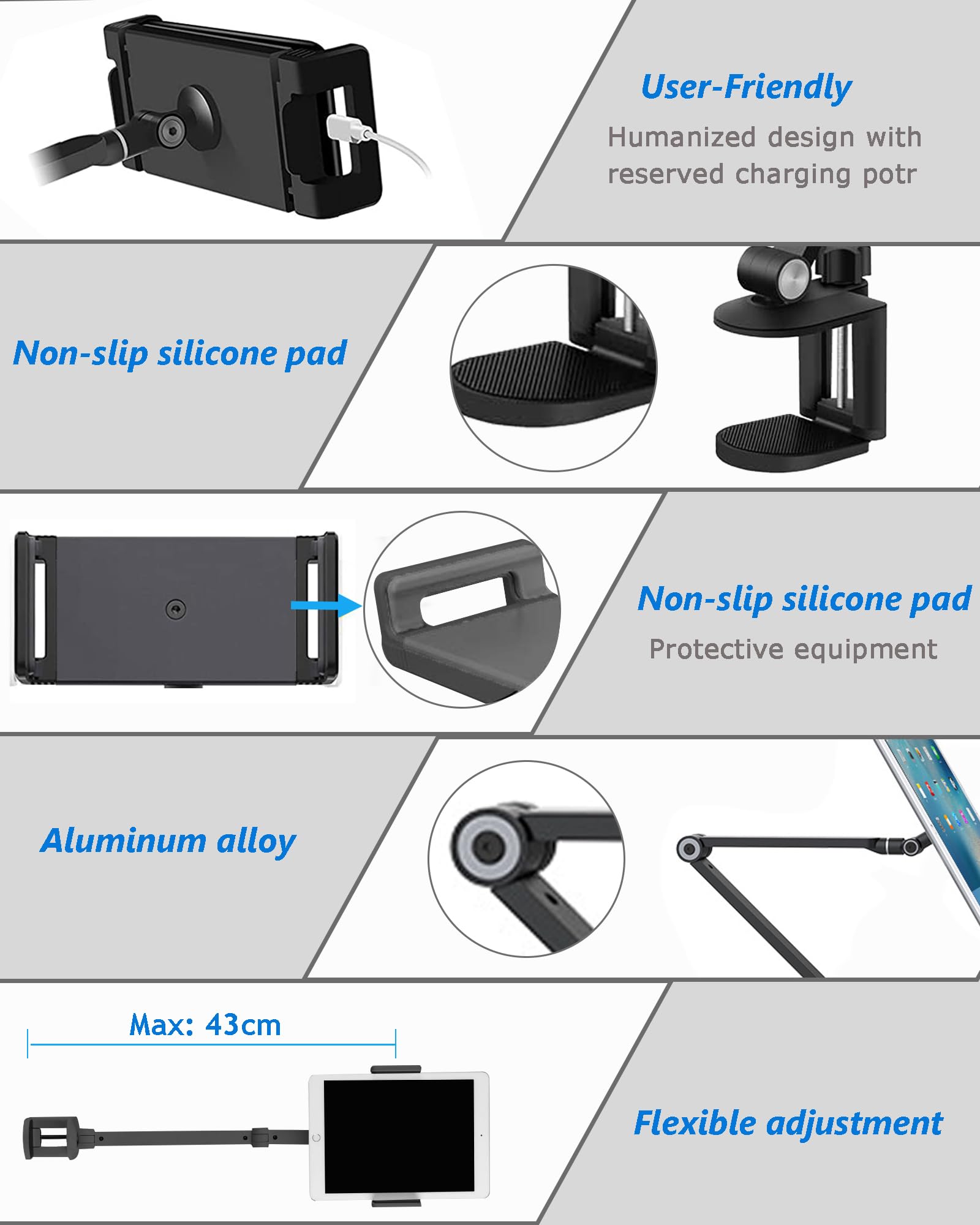 Nuezoo Ipad Stand Holder Mount, Aluminum Long Arm Tablet Clamp Mount For Desk, 360 Swivel Phone Holder For Bed, Compatible With