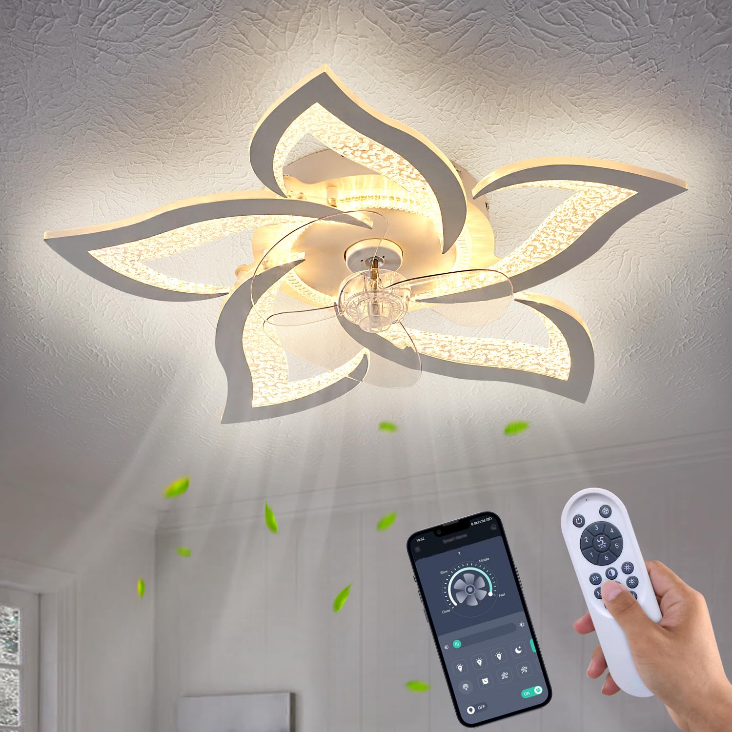 haodengshi Geometric Ceiling Fan with Lights, 27 White Ceiling Fan with Light Remote Control, 3 Light Color 6 Speeds Flush Mount