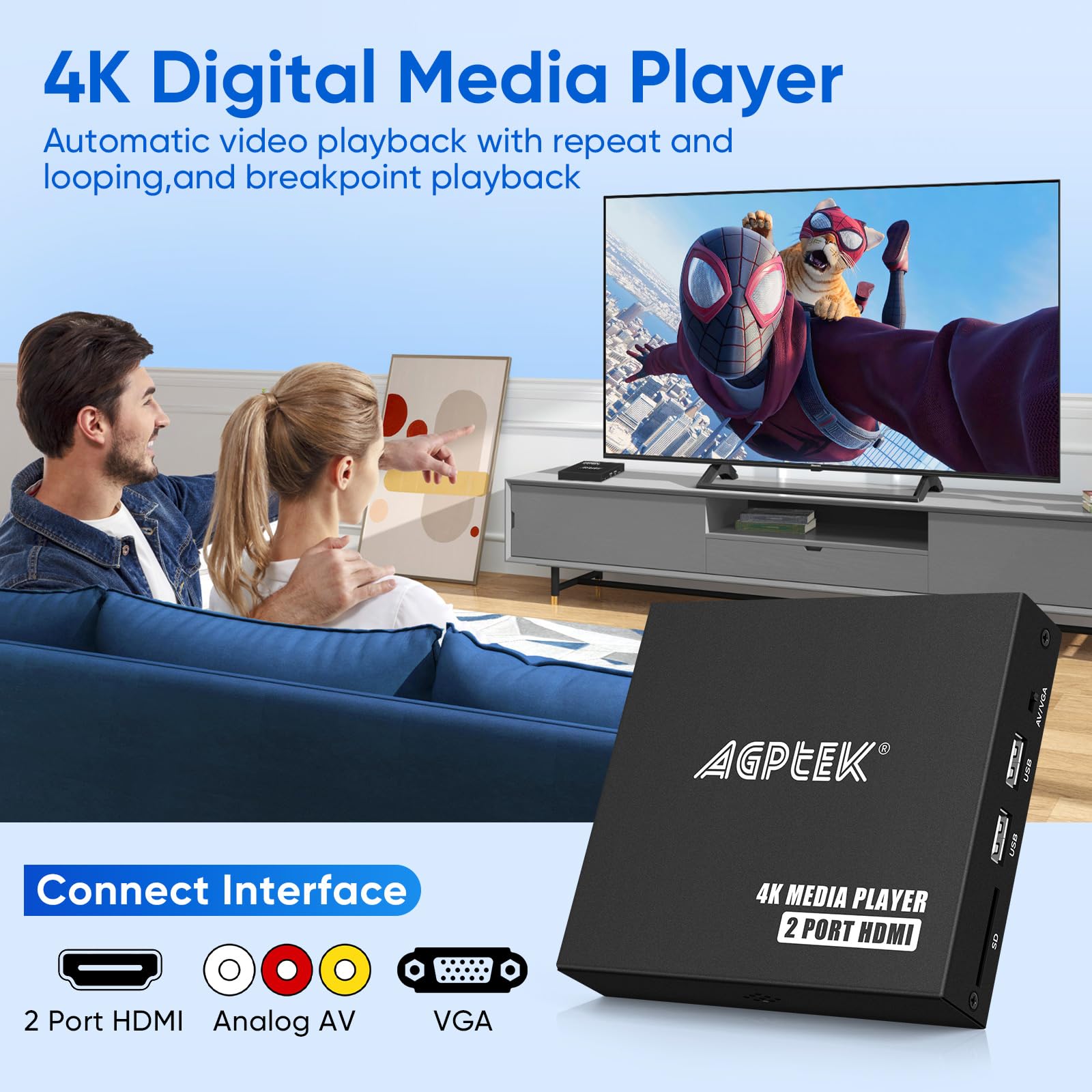 4K@30Hz Hdmi Tv Media Player With Dual Hdmi, One Av/Vga Output, 4K Hdmi Splitter Function, Digital Mp4 Player For 14Tb Hdd/512G