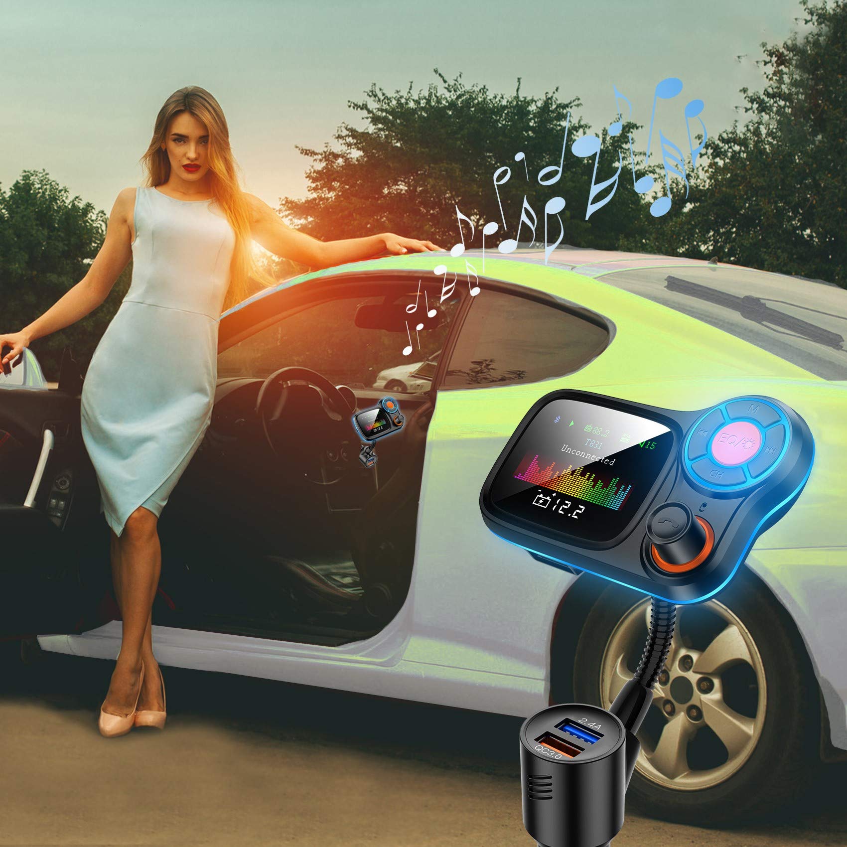 Tsnam Wireless Car Bluetooth Adapter,Radio Fm Transmitters Handsfree Call Receiver And Mp3 Music/App Audio Play,Qc3.0 And Smart