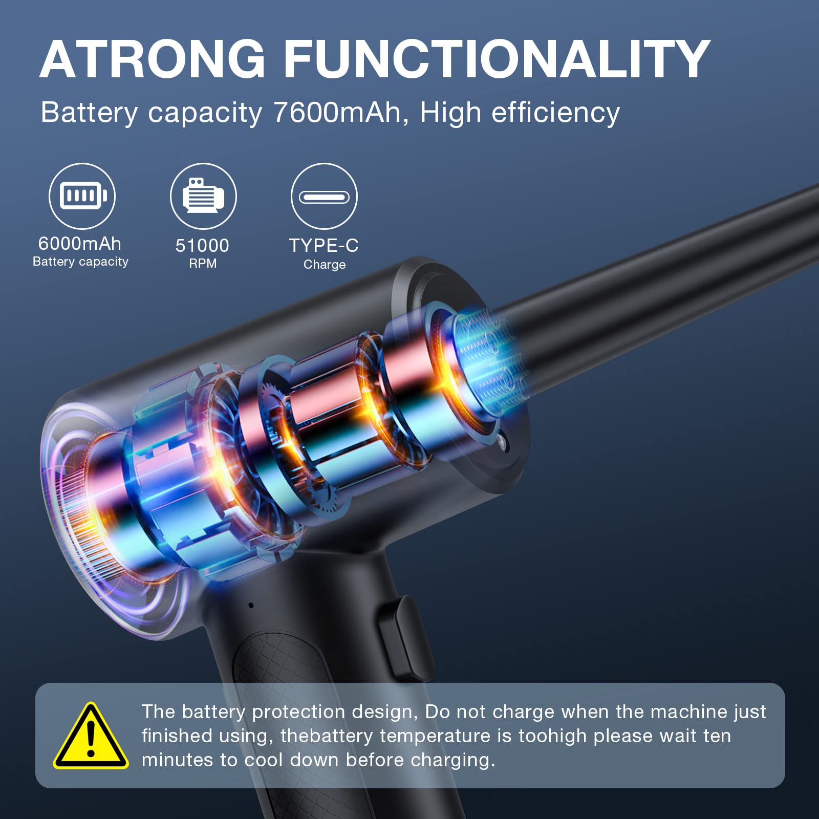 Compressed Air Duster, 3 Gear To 51000Rpm Cordless Electric Air Duster, 6000Mah Rechargeable Air Blower With Led Light For Lapto