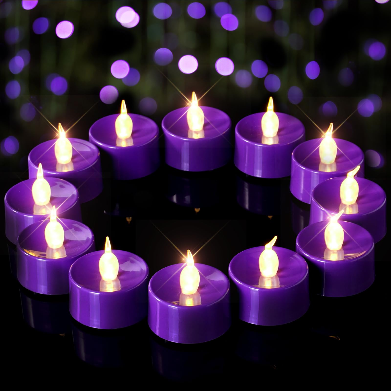 Merrynights Purple Led Candles, 12 Pack Tea Lights Candles Battery Operated, Flameless Tealight Candle, Realistic Tea Lights For