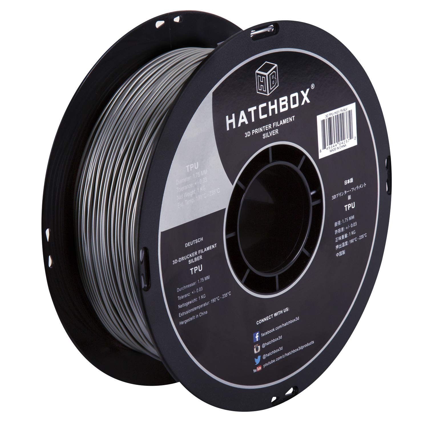 Hatchbox Tpu 3D Printer Filament, Dimensional Accuracy   003 Mm, 1 Kg Spool, 175 Mm, Shore 95A, Silver