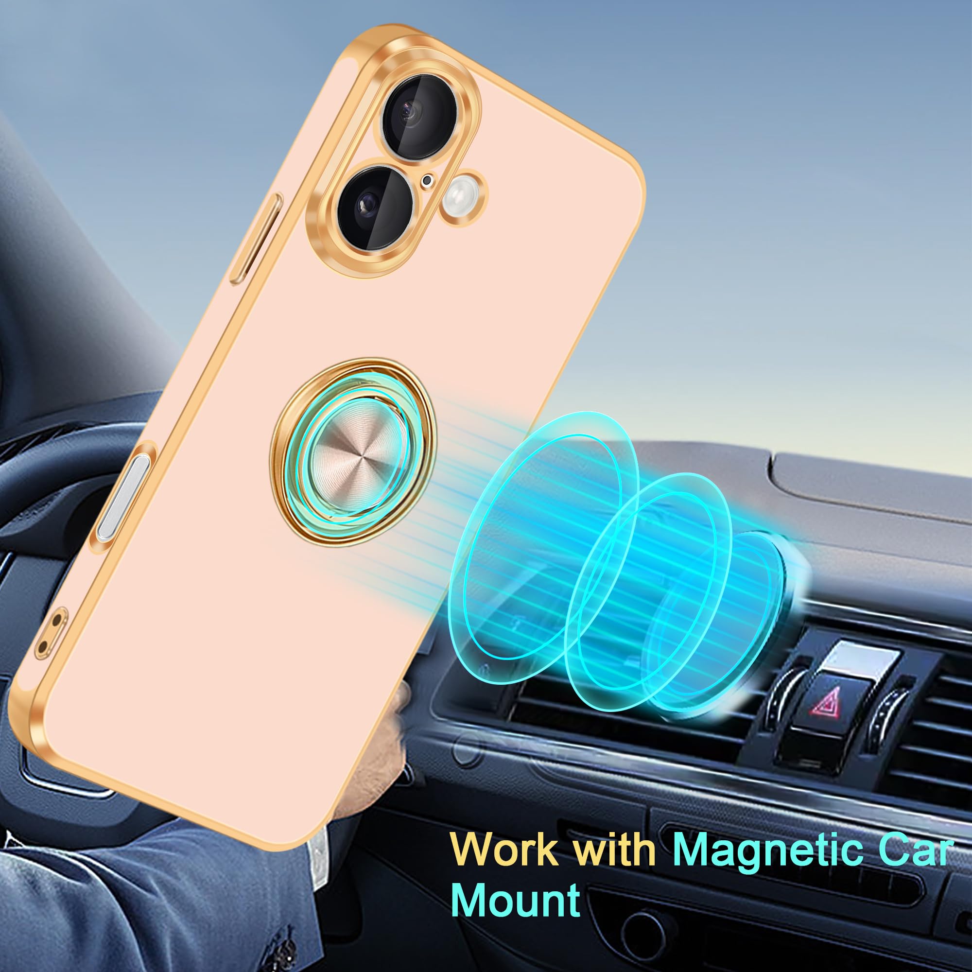 Fingic For Iphone 16 Plus Phone Case[With 360Ring Holder][Support Magnetic Car Mount]Cute Kickstand Slim Women Girl Nonslip Hard
