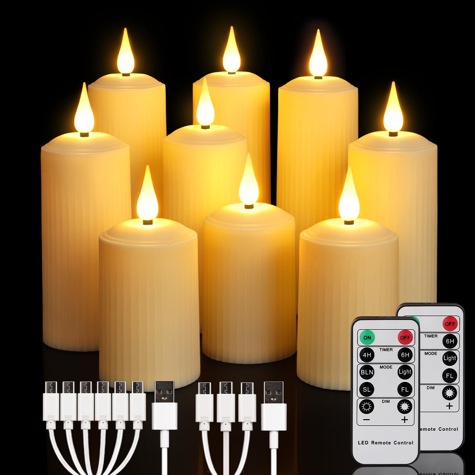 Daord Rechargeable LED Pillar Candles Flameless Flickering Candle Lights with Remote&Timer Set of 9 (D2 x H4/5.5/6.5) Classical 