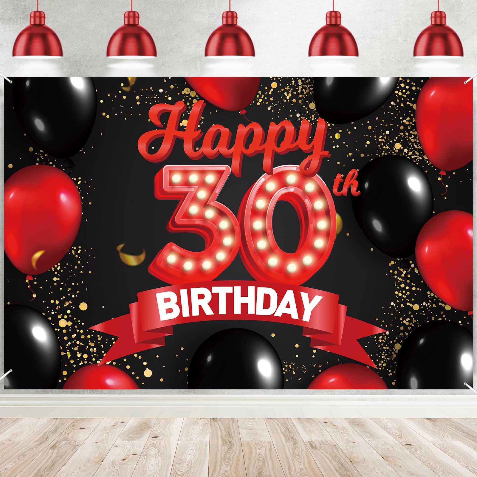 Happy 30Th Birthday Red And Black Banner Backdrop Decorations Balloons Theme Decor For Girls Women Princess 30 Years Old Birthda
