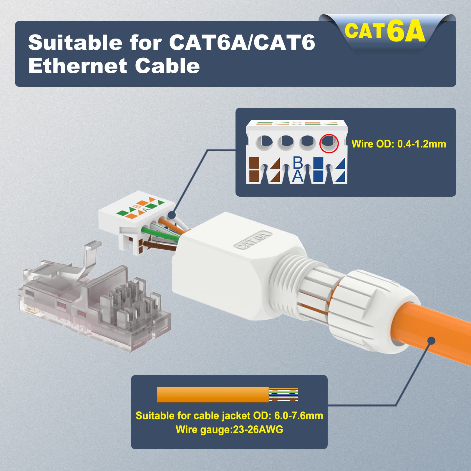 Vcelink Tool Free Rj45 Connector, Cat6A Field Termination Plug, Gold Plated Modular Plug, Utp Cat6A Connector Tool Less For Cat6