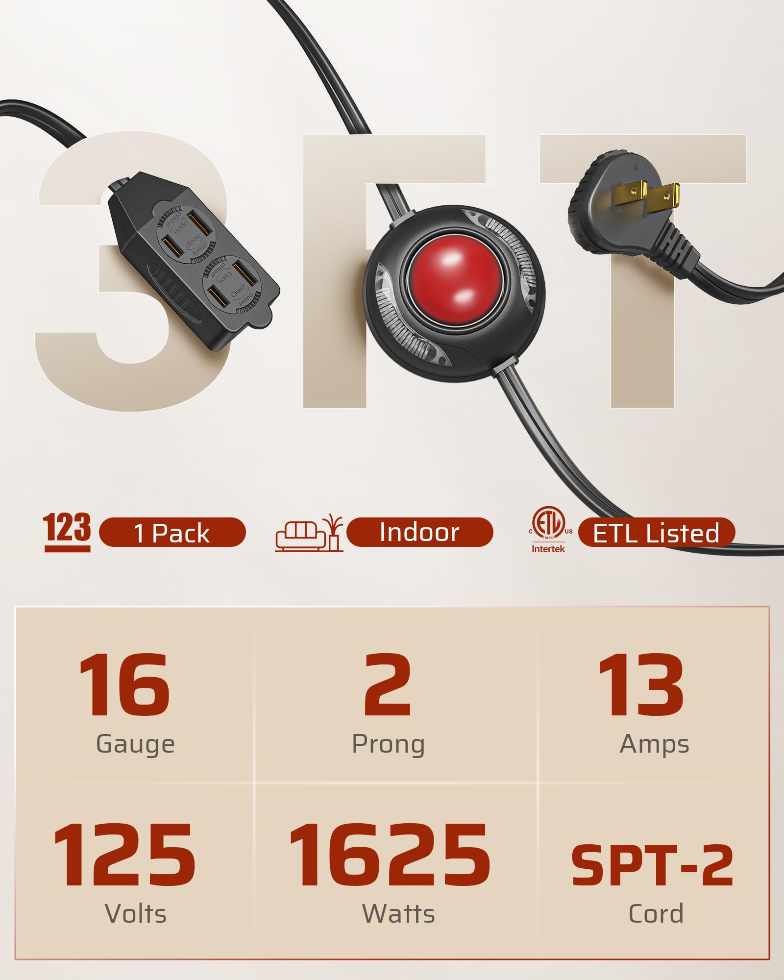 Dewenwils Christmas Extension Cord With Multiple Outlets, 12 Ft On/Off Foot Switch Power Cord, Angled Flat Plug, 2 Prong 3 Outle