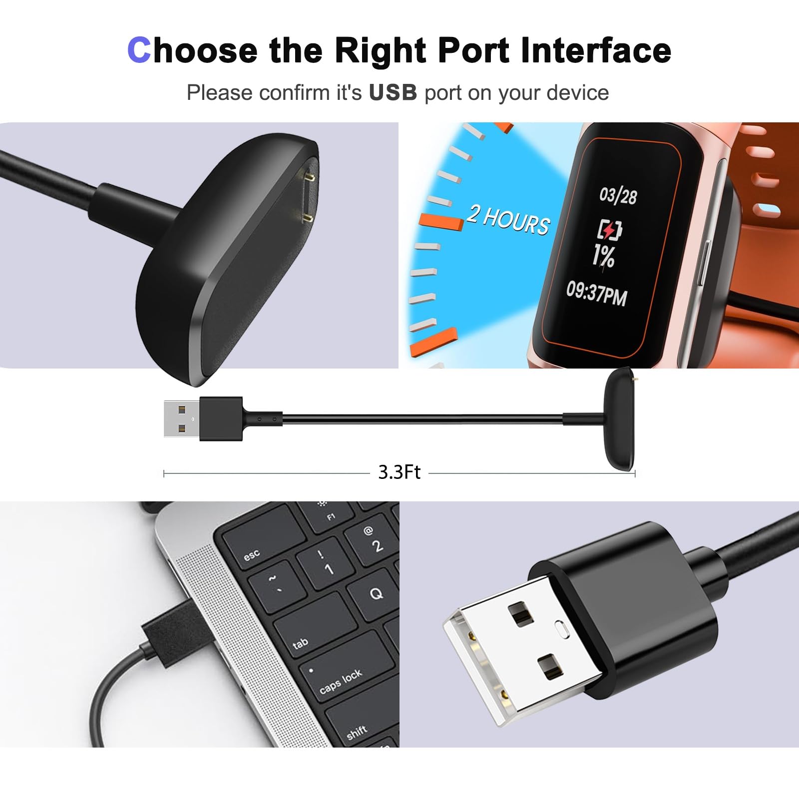 Qkcok 2 Pack 5V Charger Compatible With Fitbit Charge 6/Charge 5/Luxe, Replacement Charger For Charge 6/Charge 5/Luxe Smart Watc