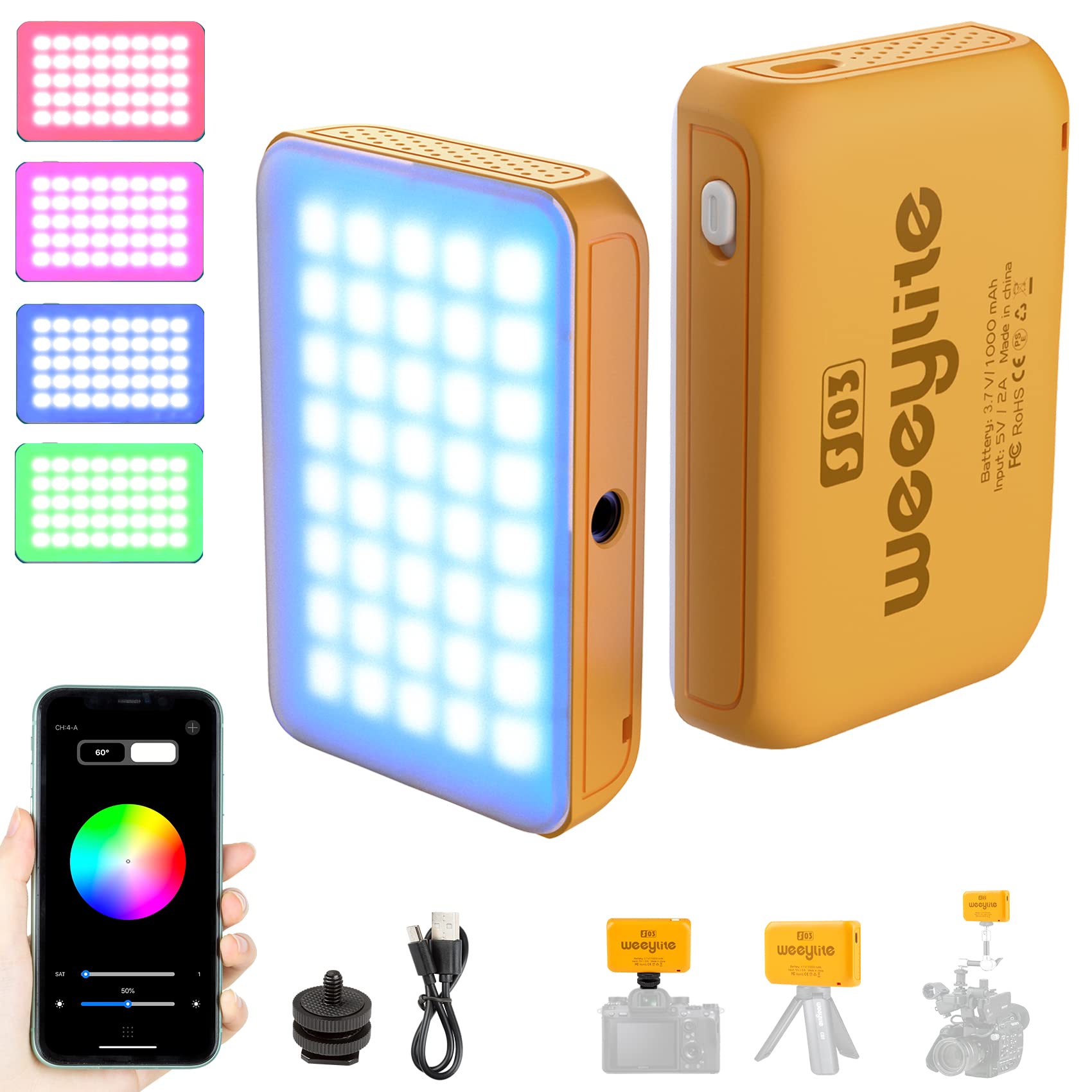 Weeylite S03 Rgb Camera Light, App Control Small Led Rgbw Video Light Portable Photography Lighting With Built In Battery Type C