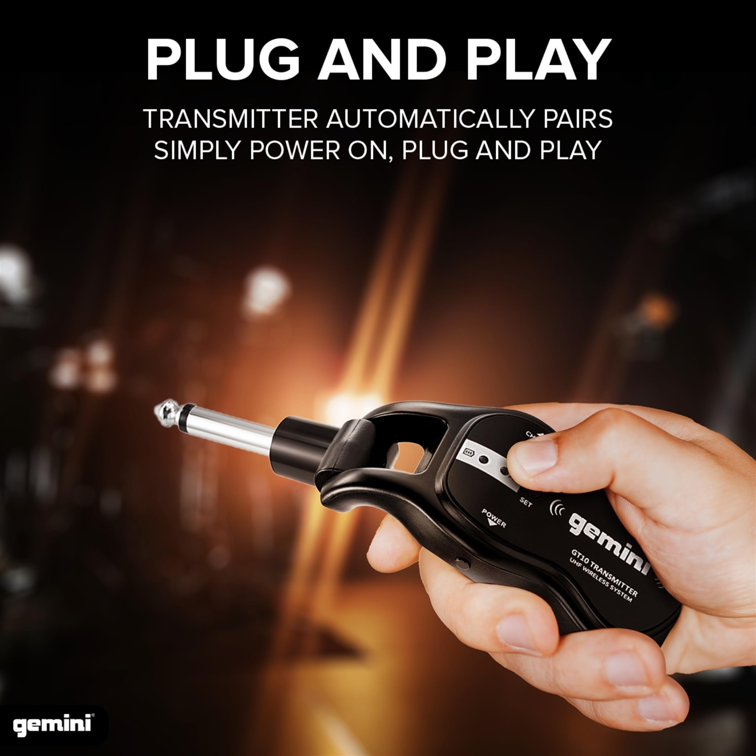 Gemini Sound Gmu G100 Uhf Wireless Guitar System, Rechargeable 1/4' Transmitter & Receiver, 50+ M Range, Low Latency, Expandable For Electric & Acoustic Guitars, Bass & Keytar