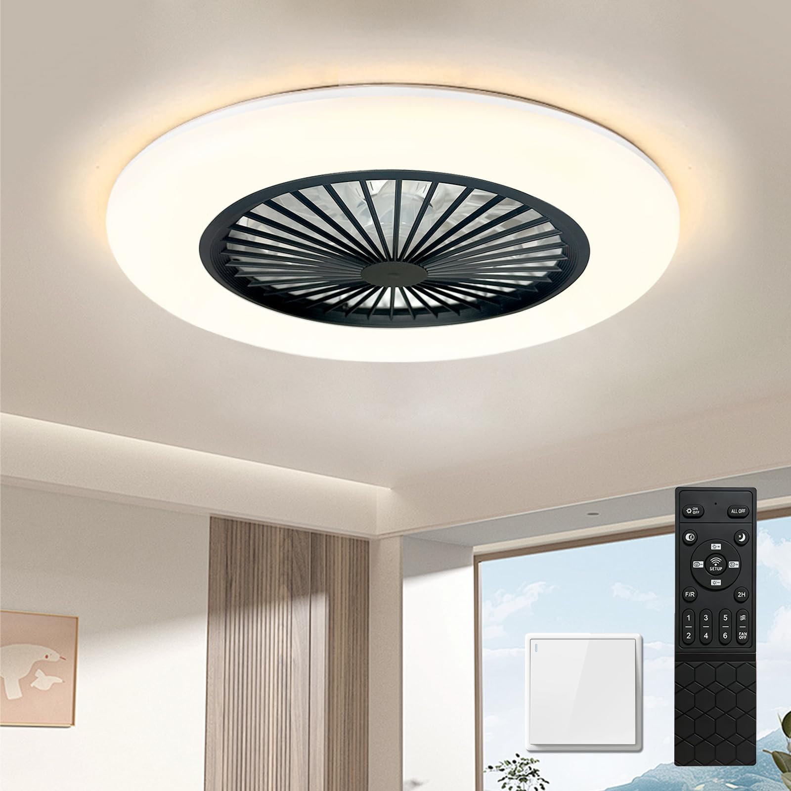 Buroraix,Ceiling Fans with Lights and Remote,Dimmable LED Modern Bedroom Fan lamp,Low Profile Ceiling Fan,Flush Mount Ceiling Fa