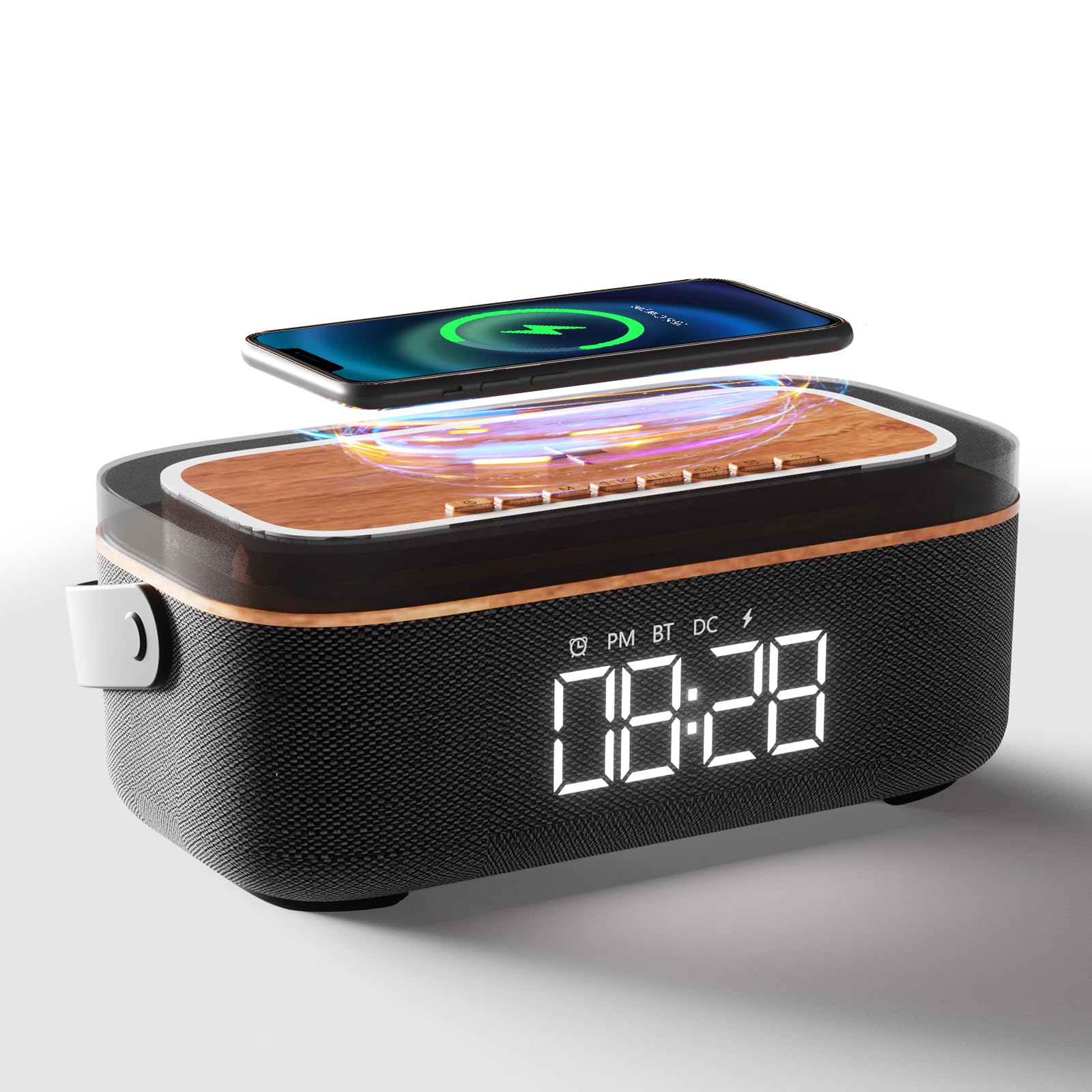 LOVME Fabric Alarm Clock Speaker Wireless Charger,Bedside Digital Alarm Clocks Bedrooms Bluetooth, Alarm Clock Dimmable Light Be