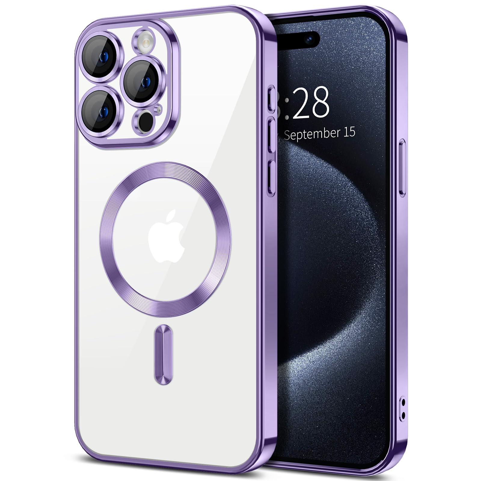 Hython Magnetic Clear Case For Iphone 15 Pro Max Case With Camera Lens Protector [Compatible With Magsafe] Slim Plating Edge Sof