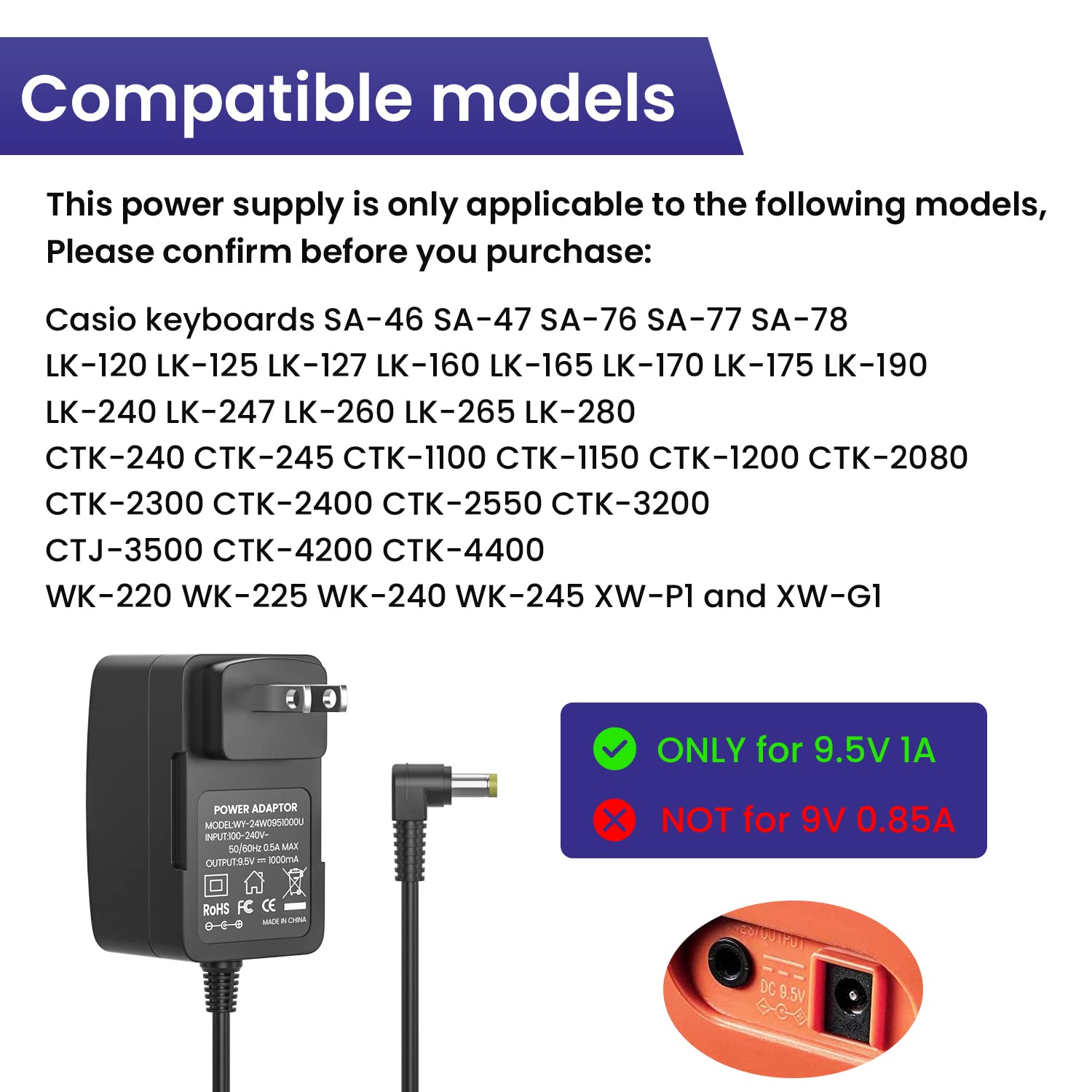 Xxszhy 9.5V Ac/Dc Adapter For Casio Power Supply Charger For Casio Piano Keyboard   Only Compatible For Listed Models (8.2 Ft Lo