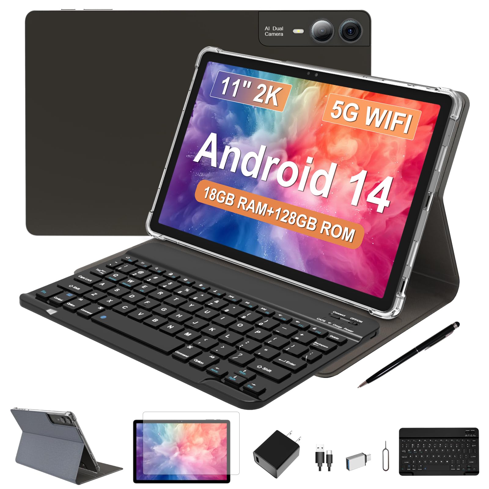 FESABOLE 2026 Latest 11 inch Android Tablet, 18GB RAM, 128GB ROM, 1TB Expand, 2K Display, T616 Octa-Core, 5G WiFi, 13MP+5MP+5MP