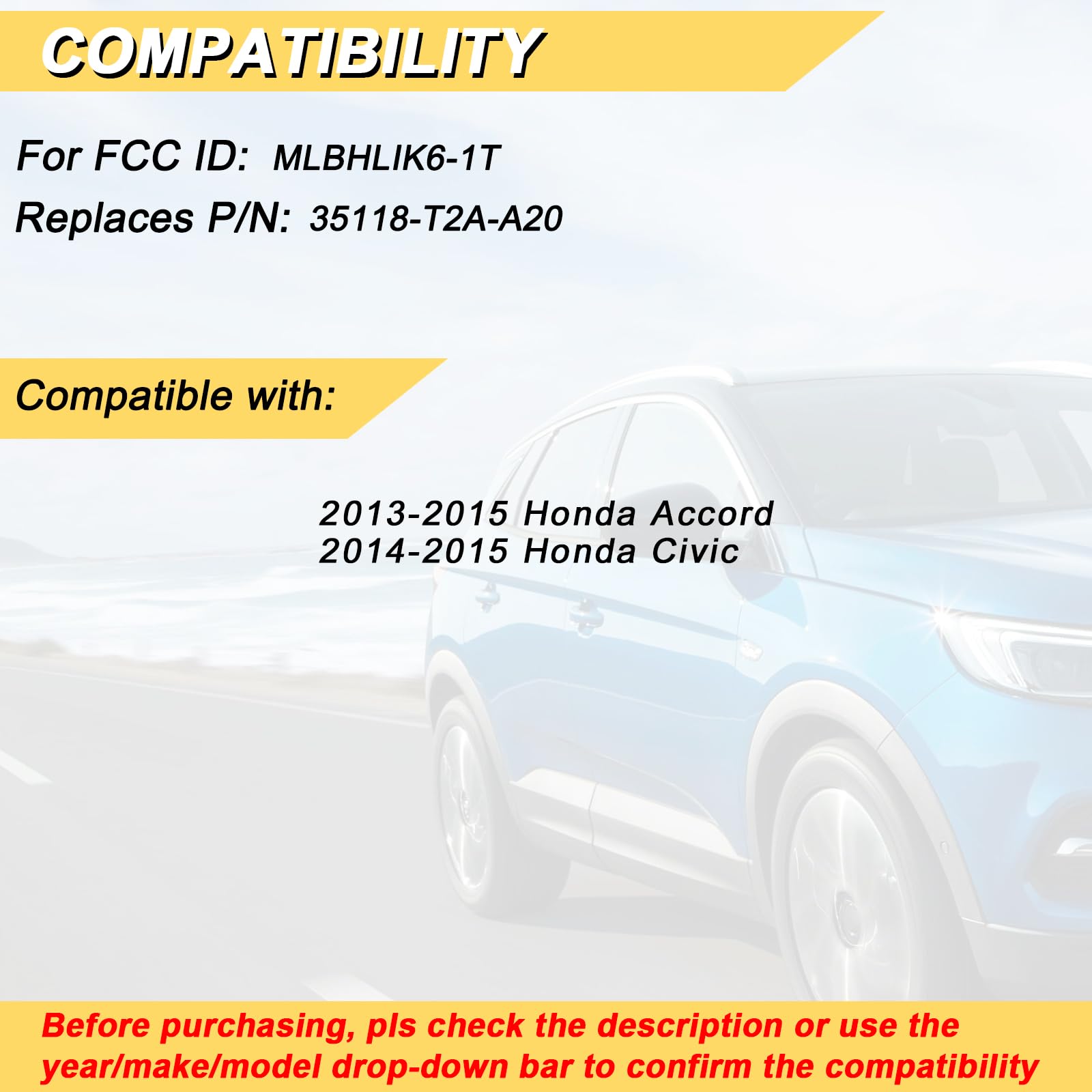 Vurkcy Key Fob Replacement For 2013 2014 2015 Honda Accord/ 14 15 Civic Car Keyless Entry Remote Control, Mlbhlik6-1T 35118-T2A-